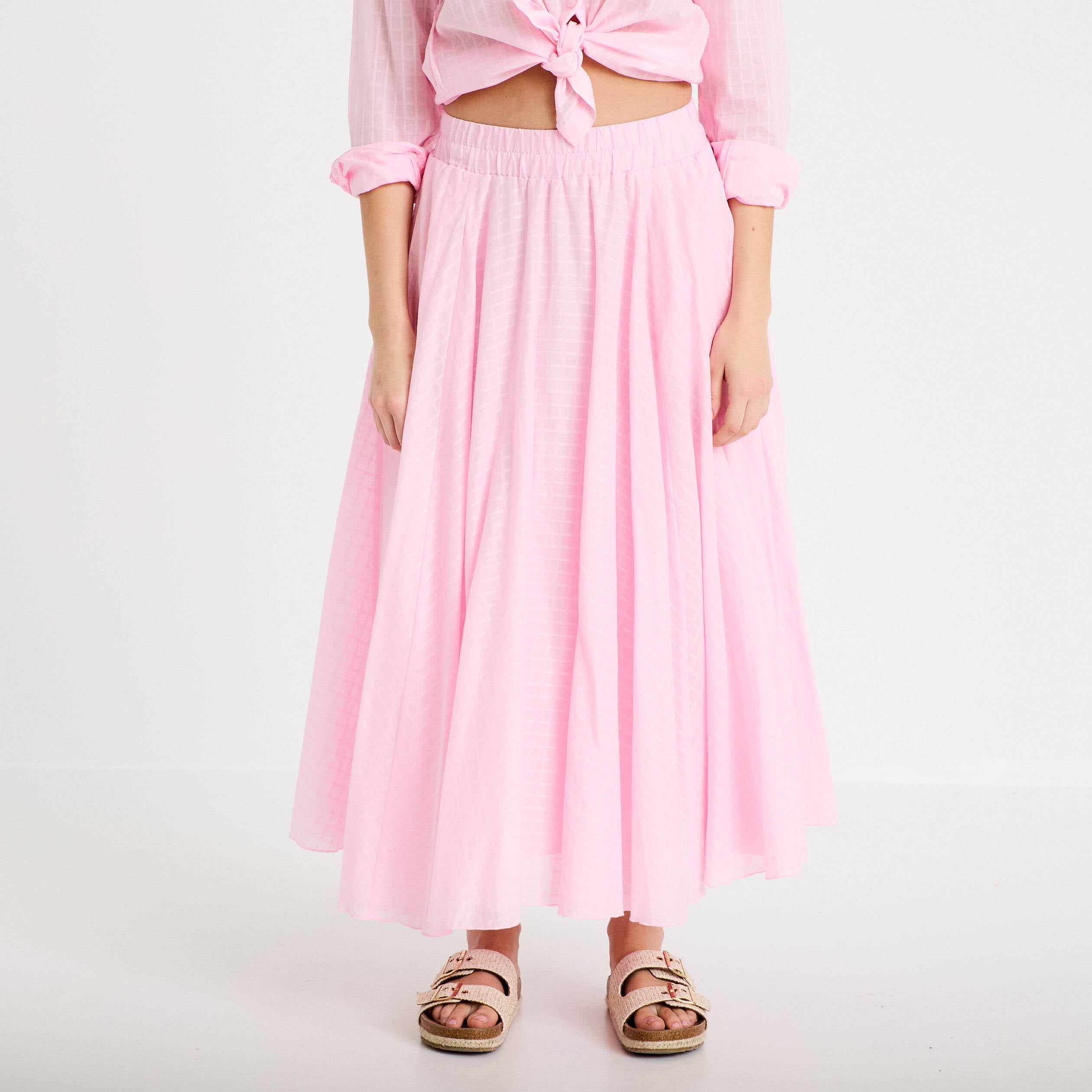 Jupe longue &eacute;vas&eacute;e rose clair femme