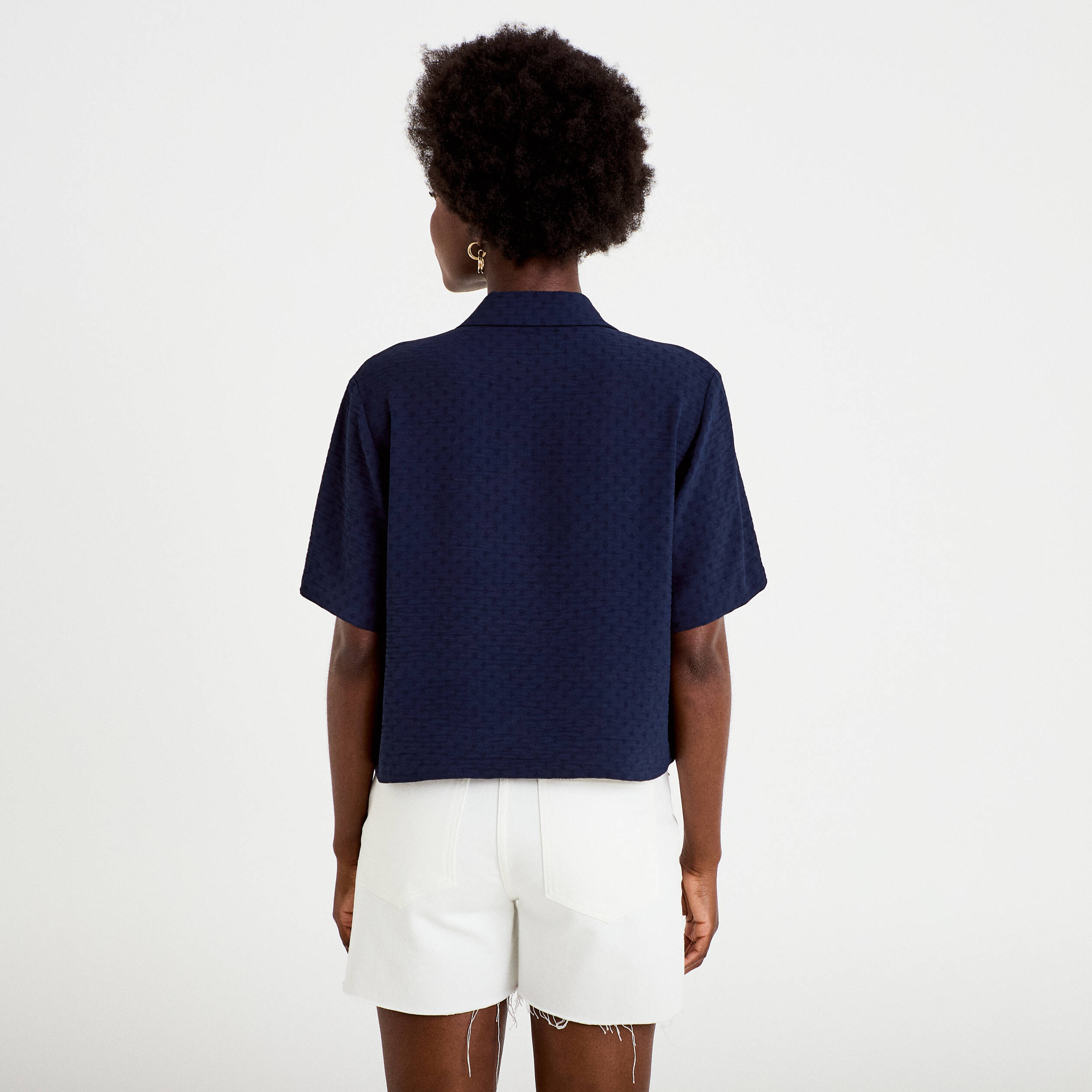 Chemise droite cropped col classique bleu marine femme