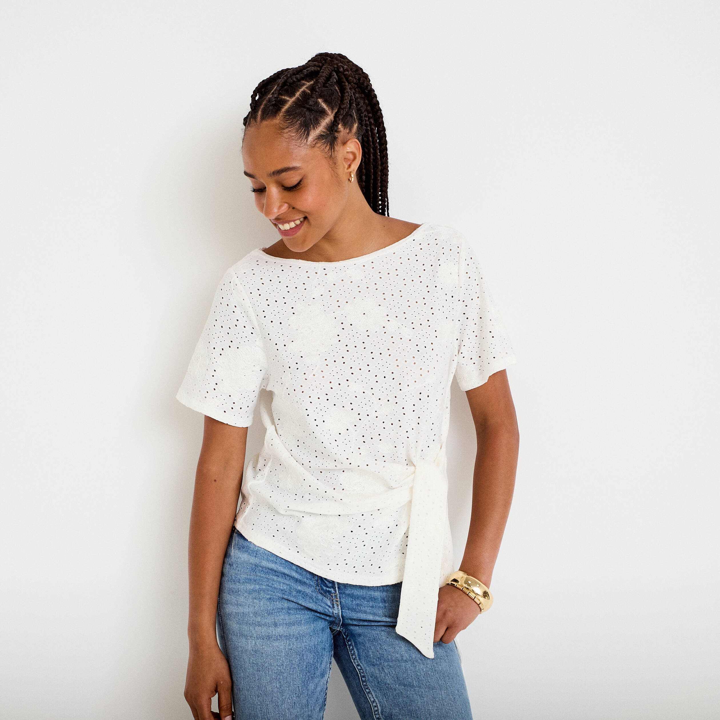 Blouse col v manches courtes ecru femme