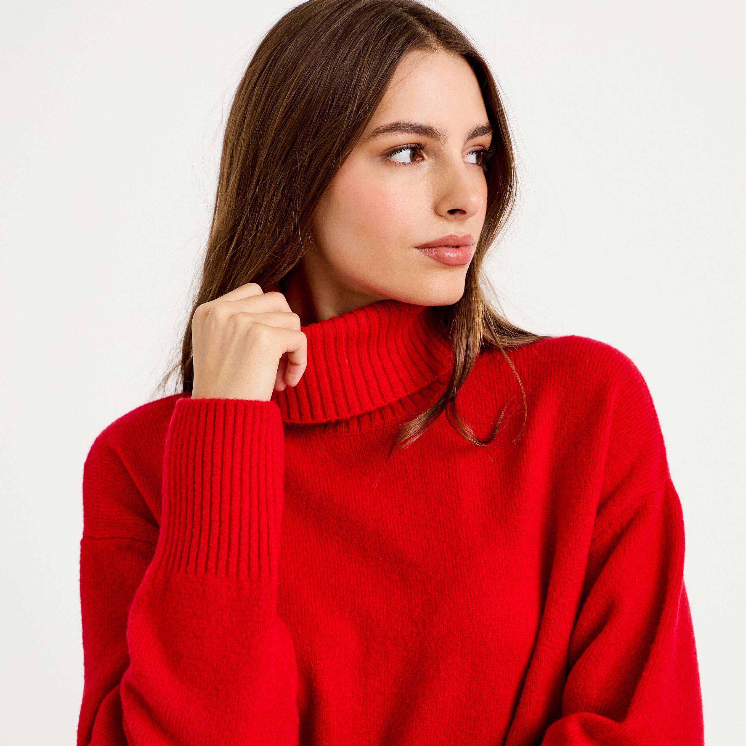 Pull col roul&eacute; manches longues rouge femme
