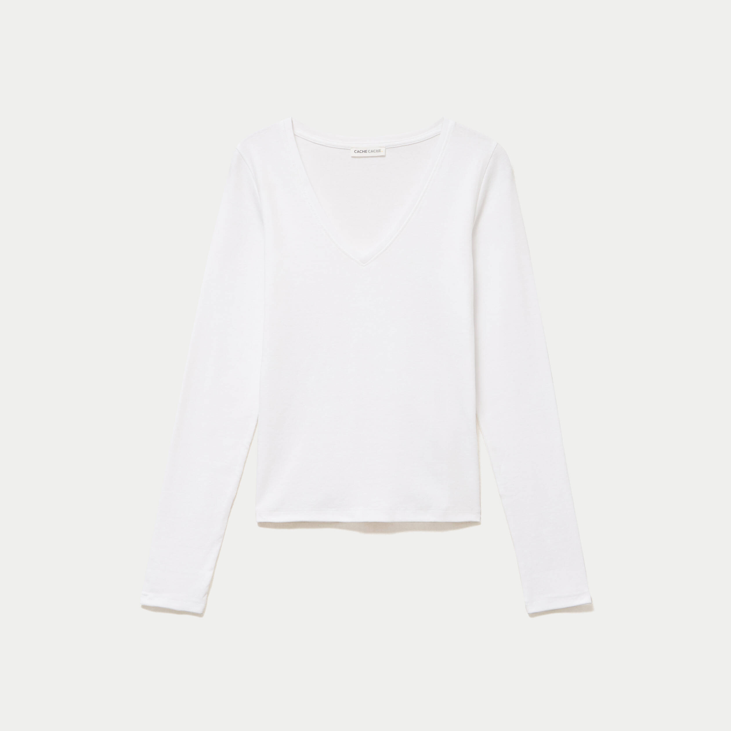 Top ajust&eacute; col v manches longues blanc femme