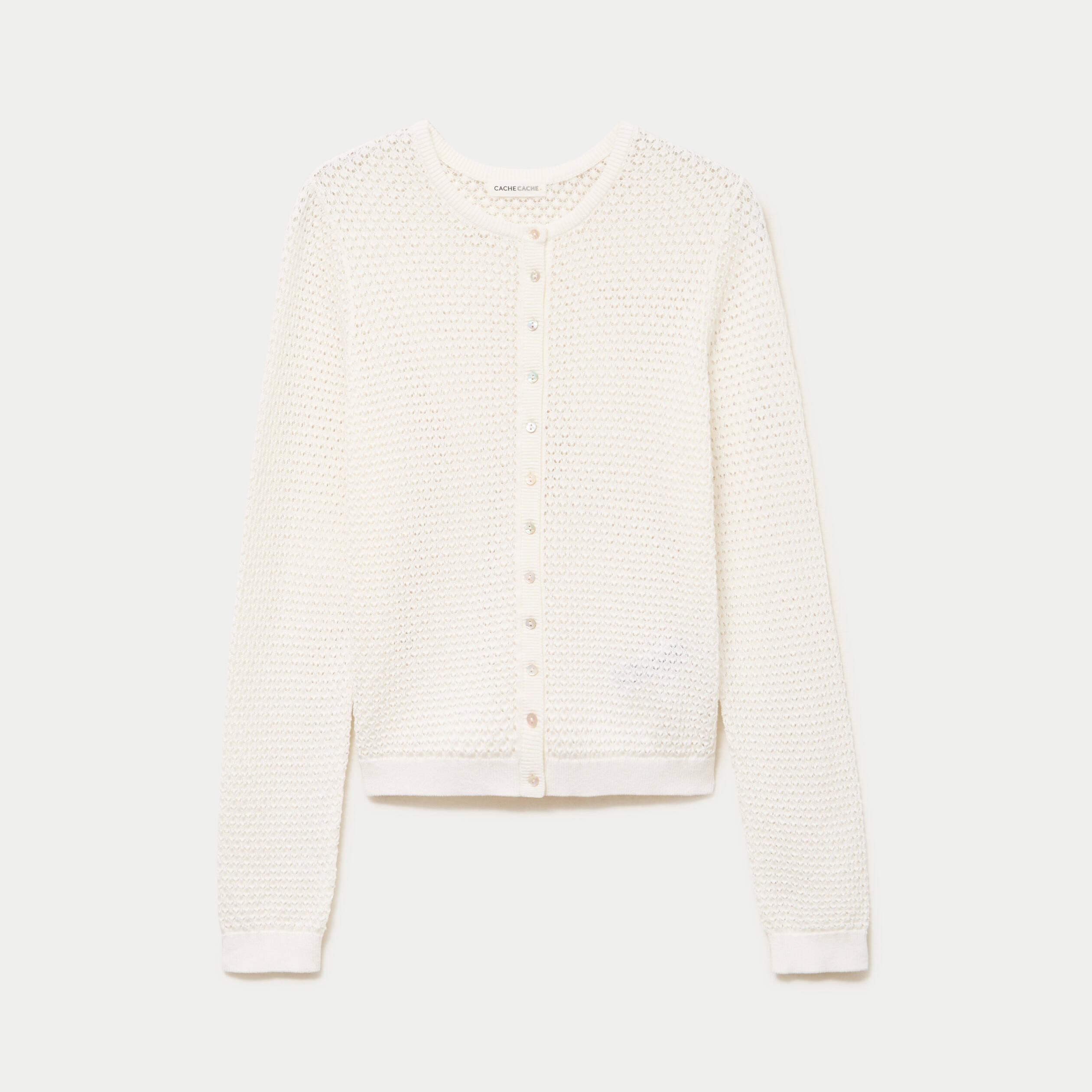 Gilet ajour&eacute; manches longues col rond ecru femme