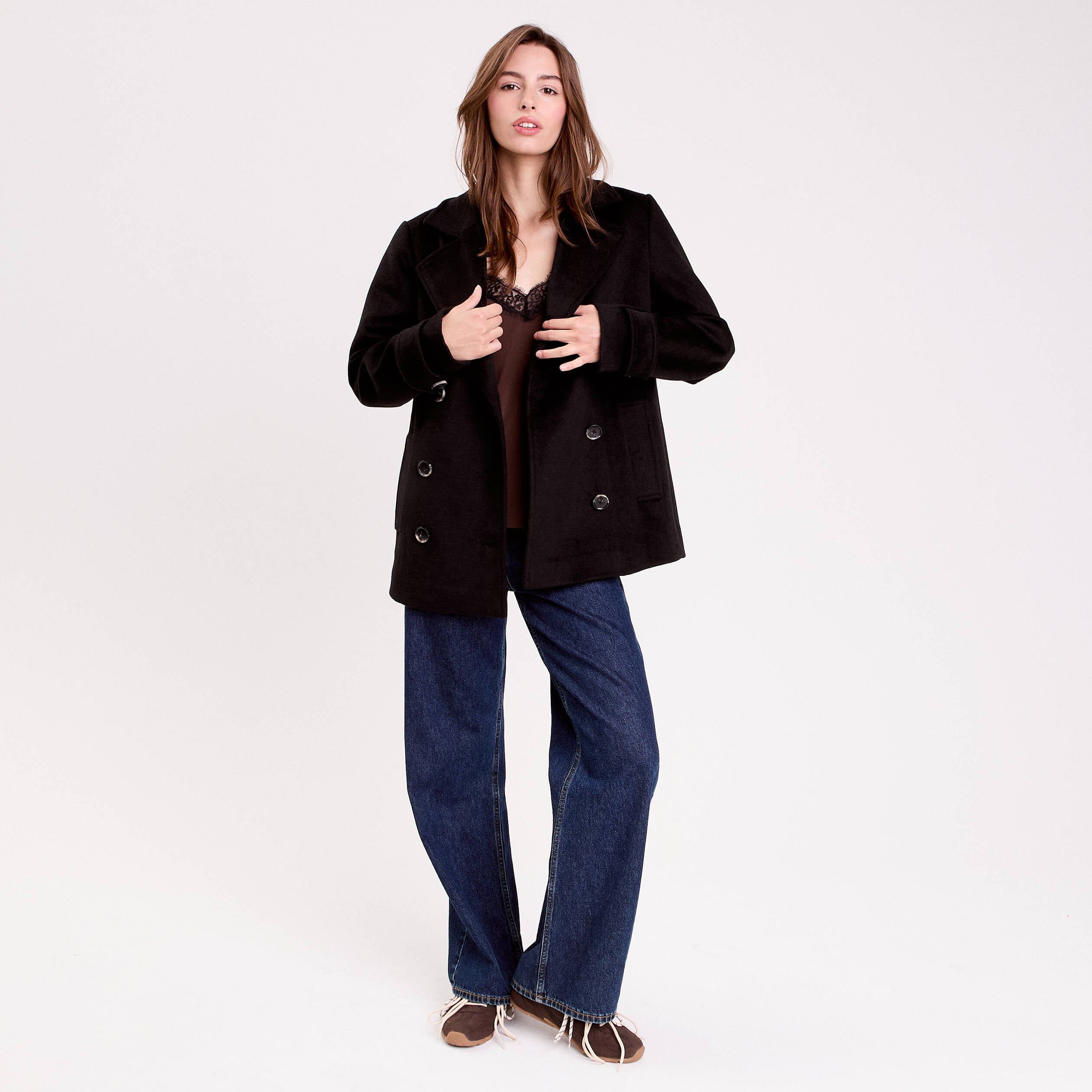 Caban col tailleur manches longues noir femme