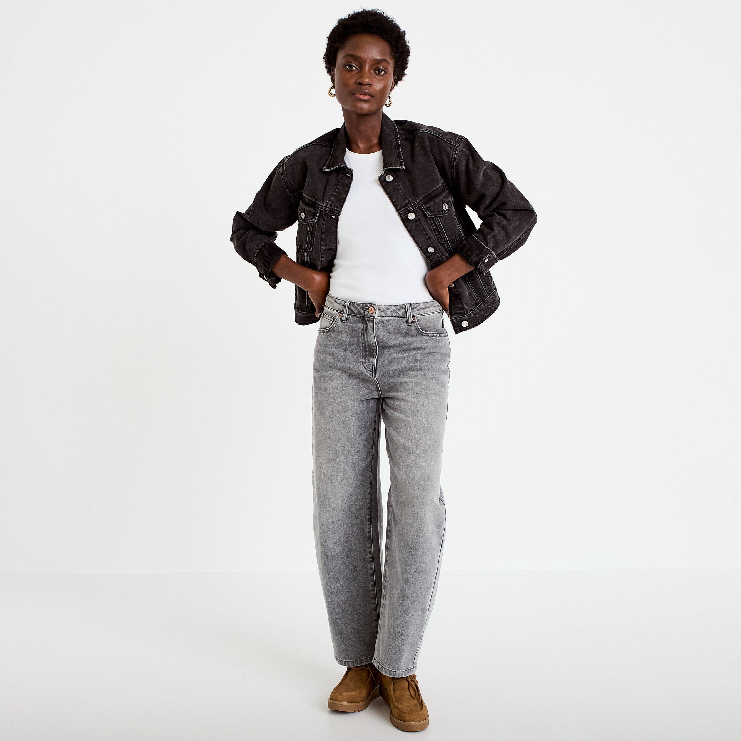 Jean barrel cropped taille standard denim gris femme