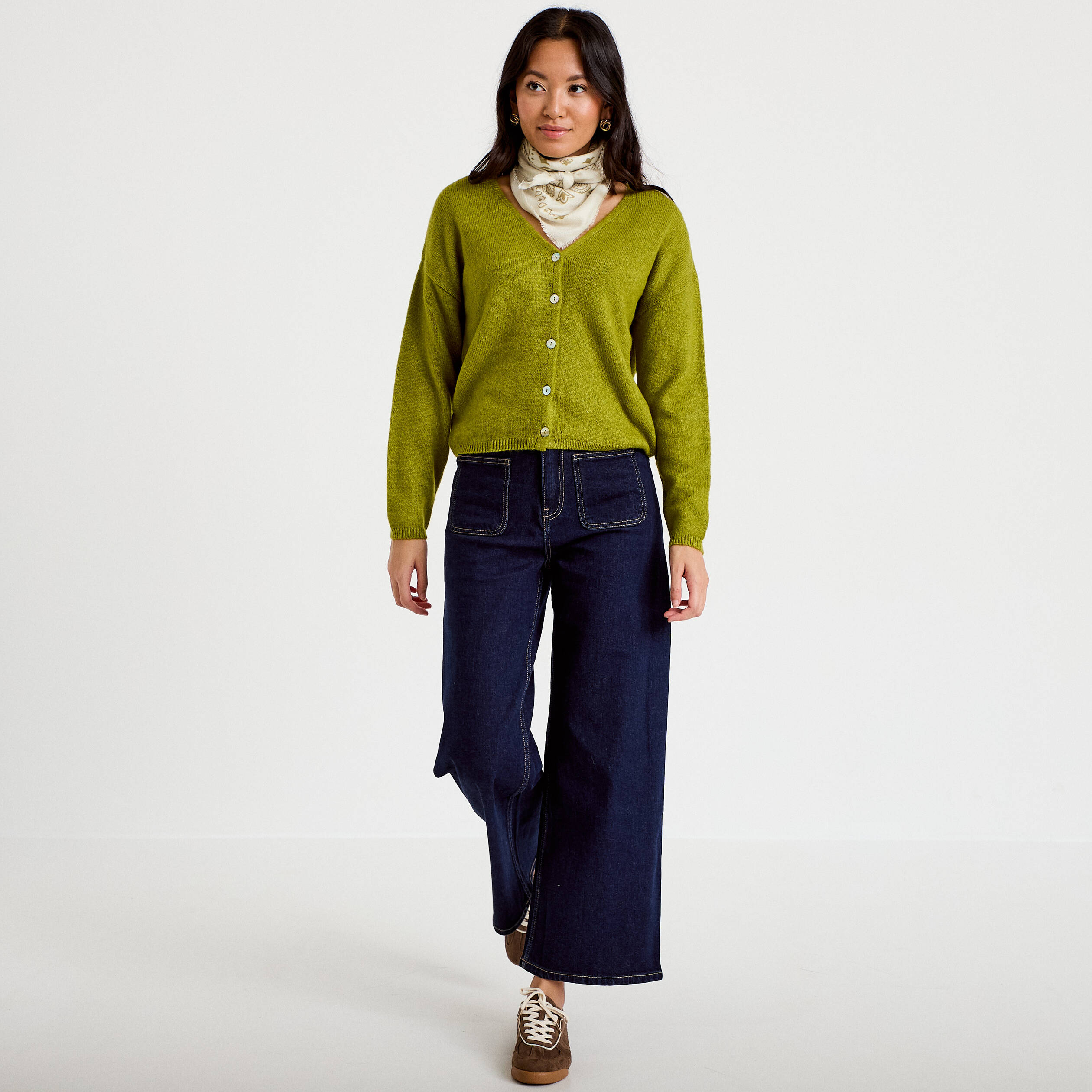 Gilet boutonn&eacute; avec col en V vert fonc&eacute; femme