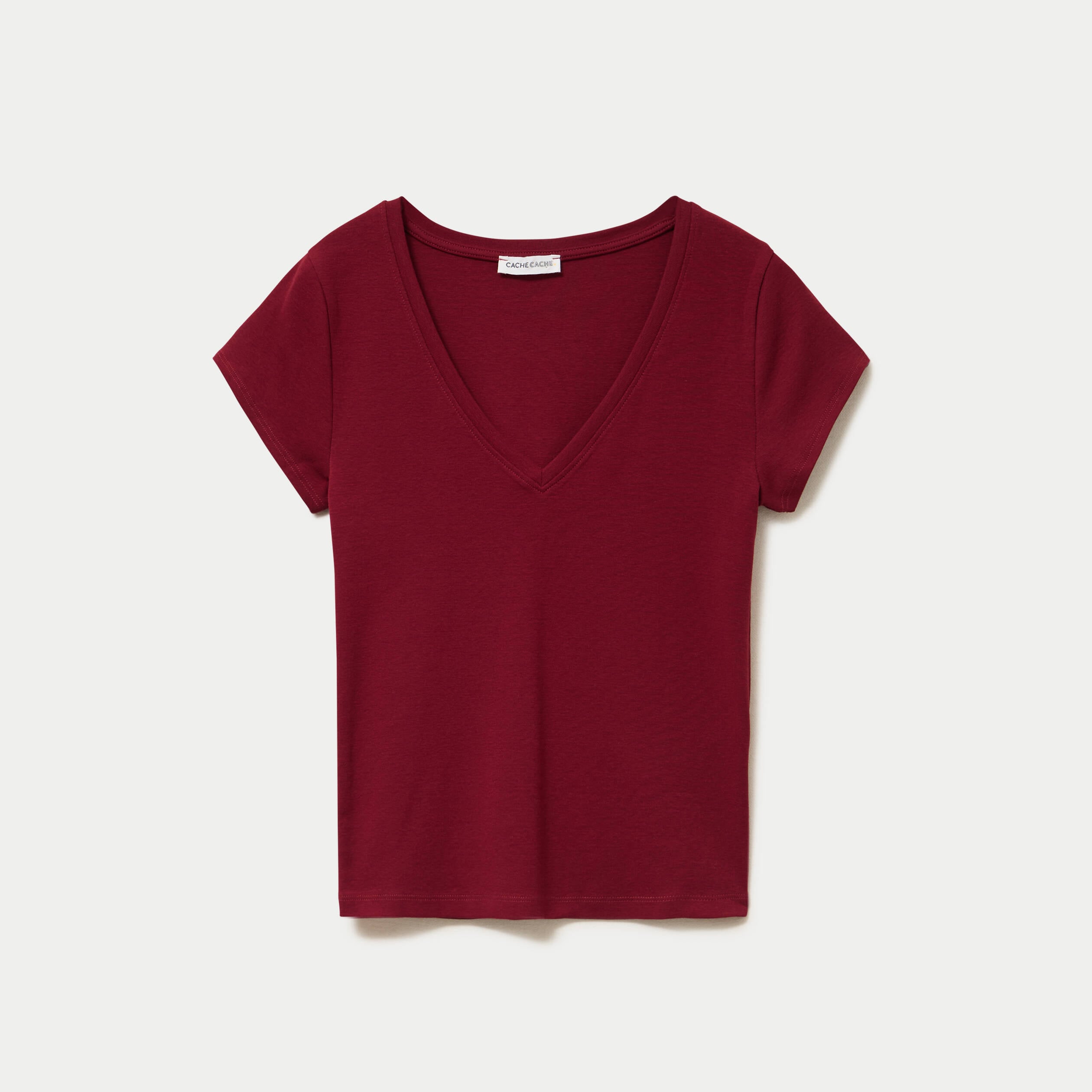 T-shirt ajust&eacute; col v manches courtes rouge femme