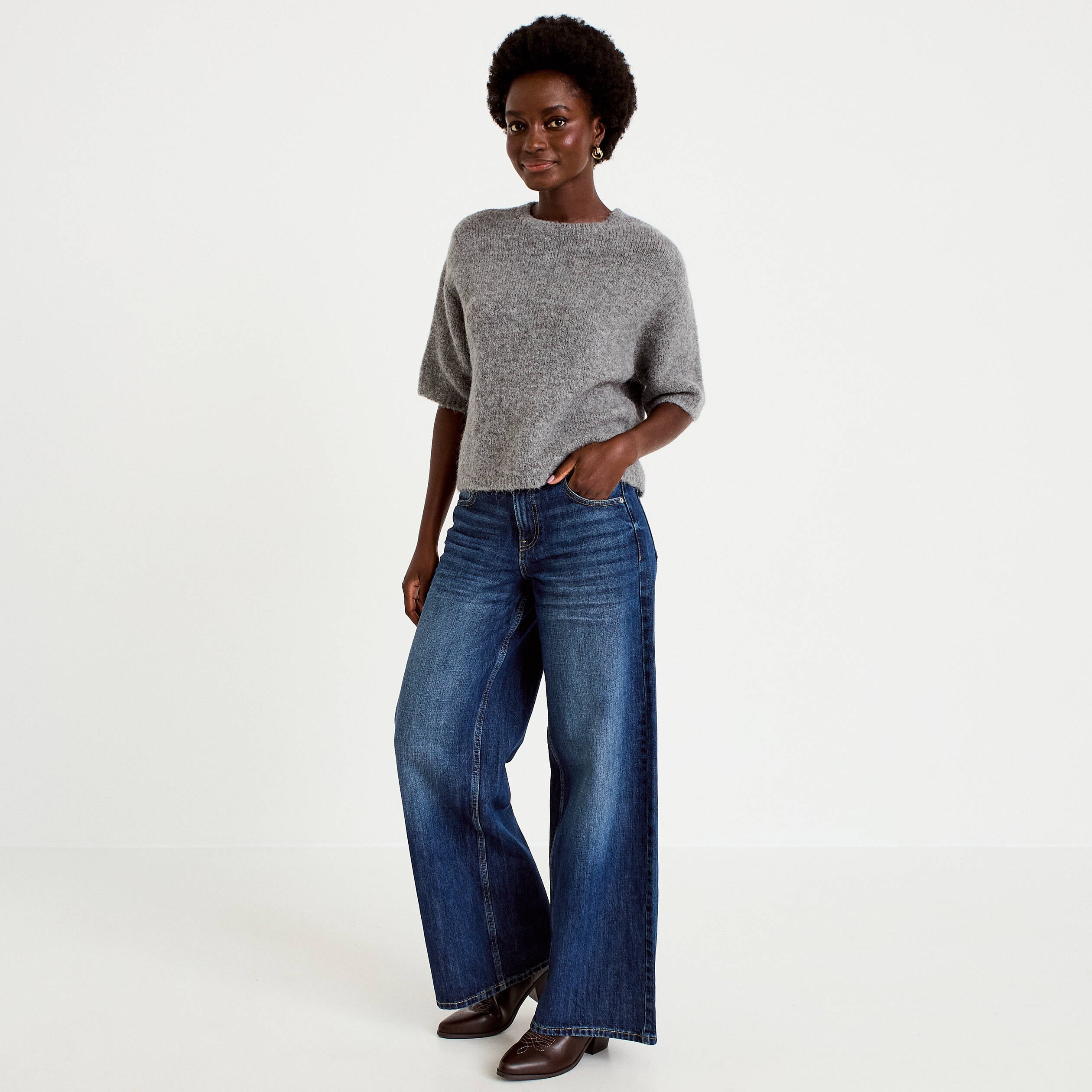 Pull manches courtes gris femme