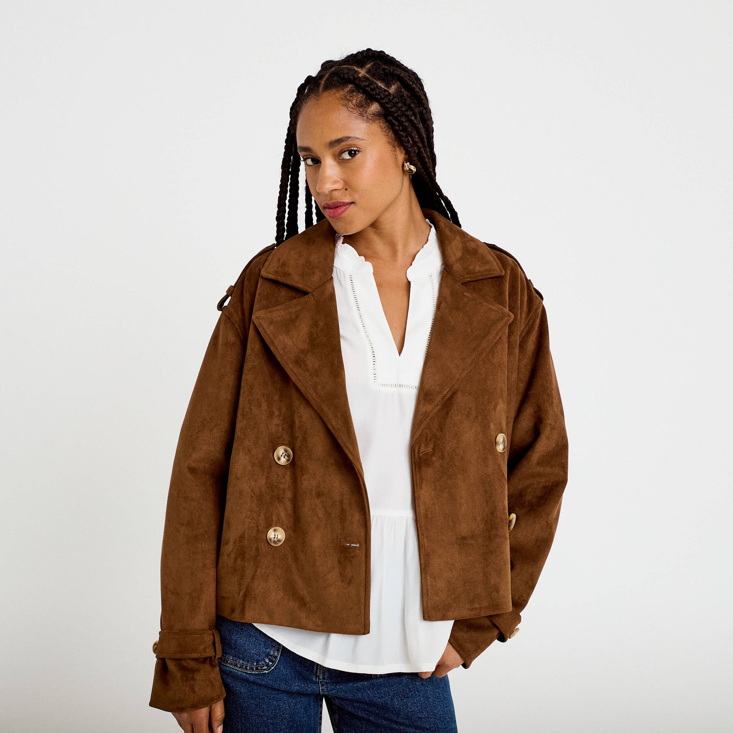 Trench droit manches longues aspect daim marron femme