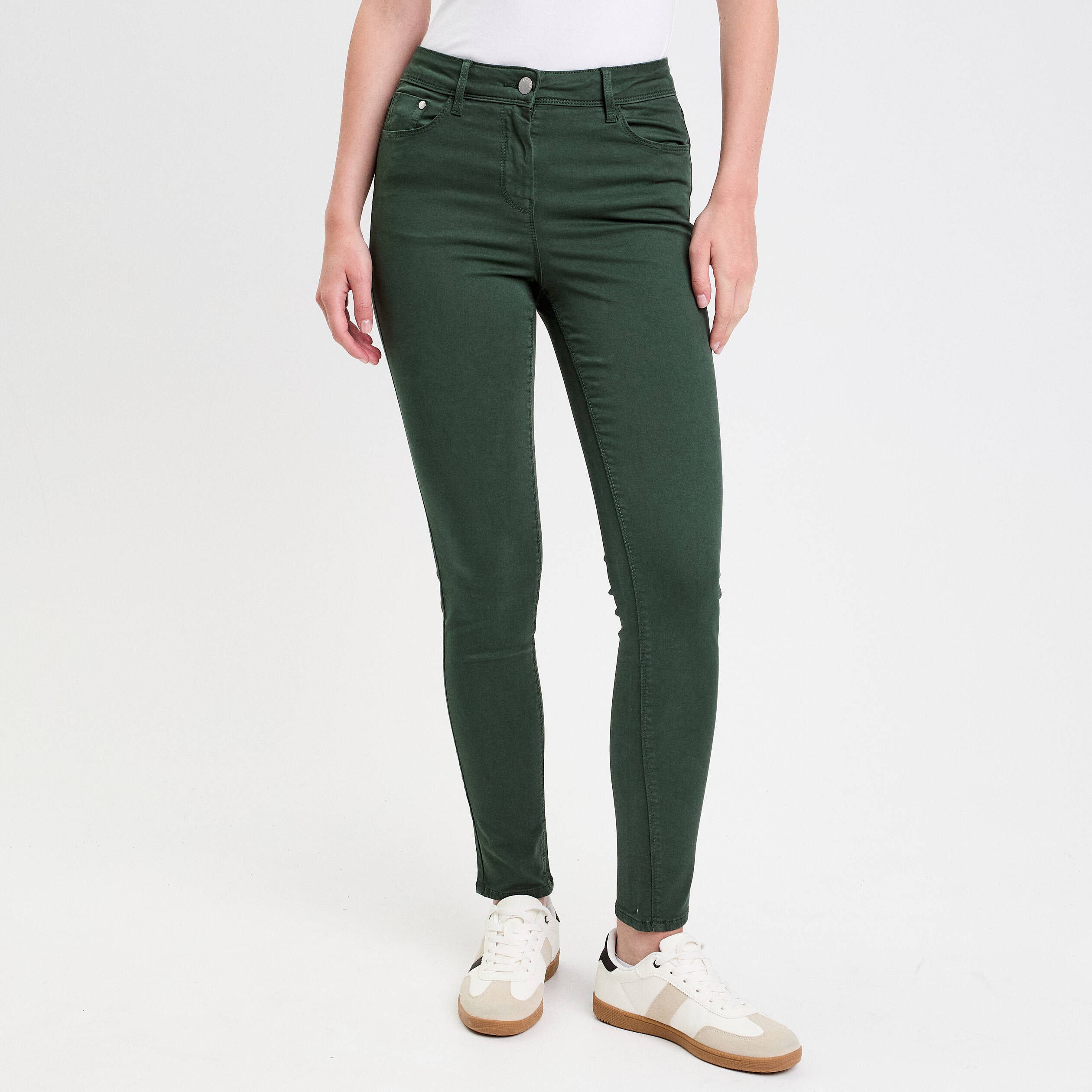 Jeans slim 5 poches vert fonc&eacute; femme