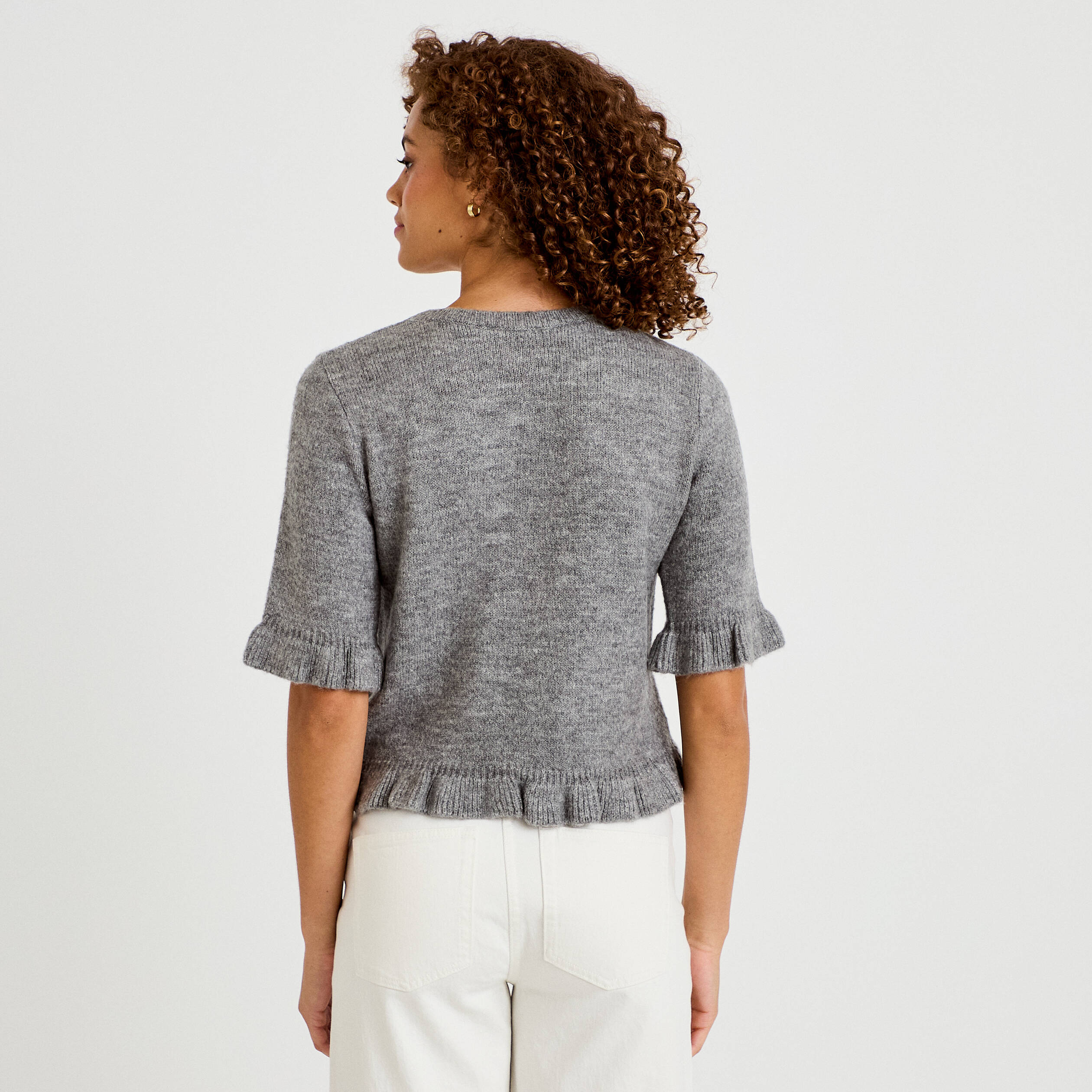Pull col rond manches courtes gris clair femme
