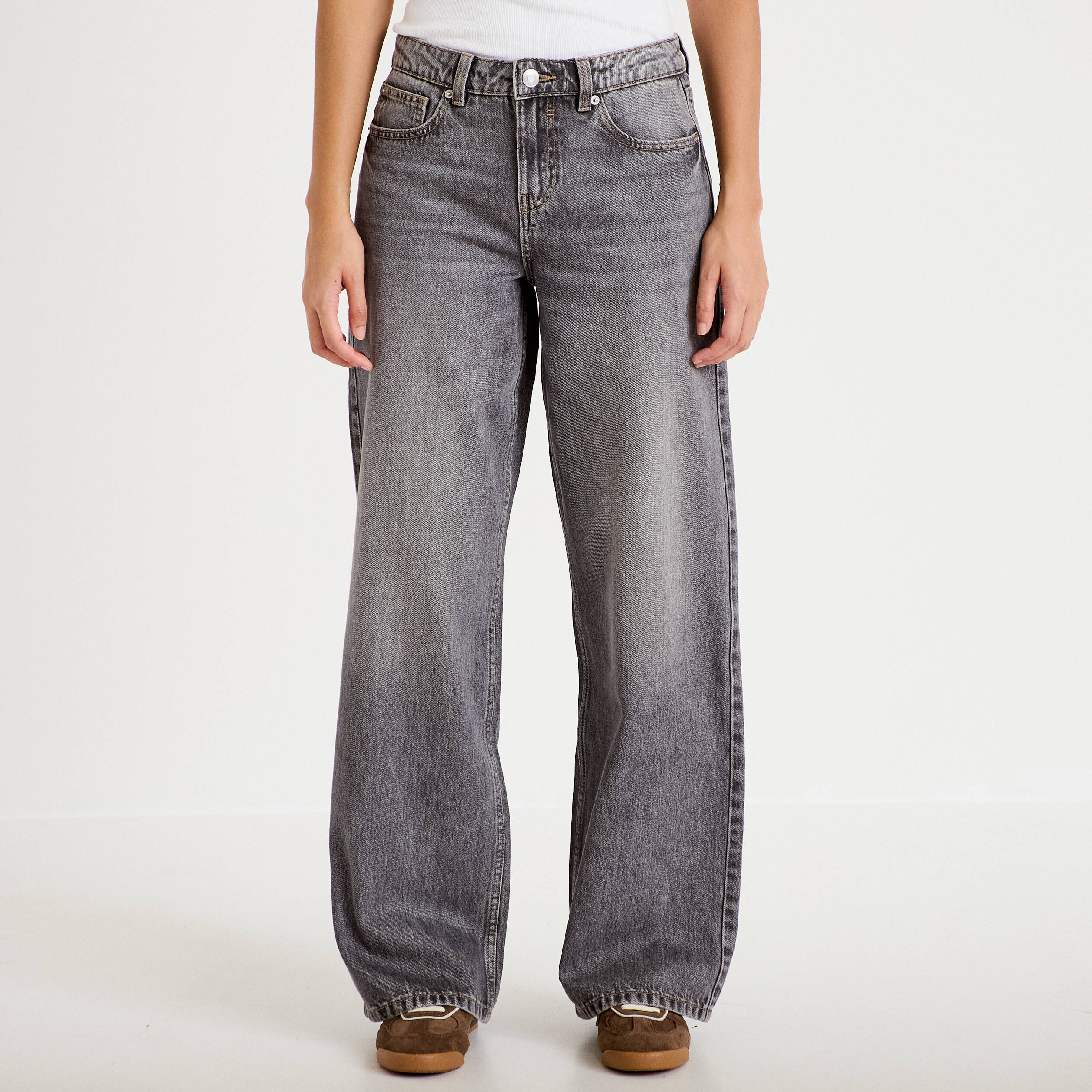 Jean wide leg taille basse denim gris femme