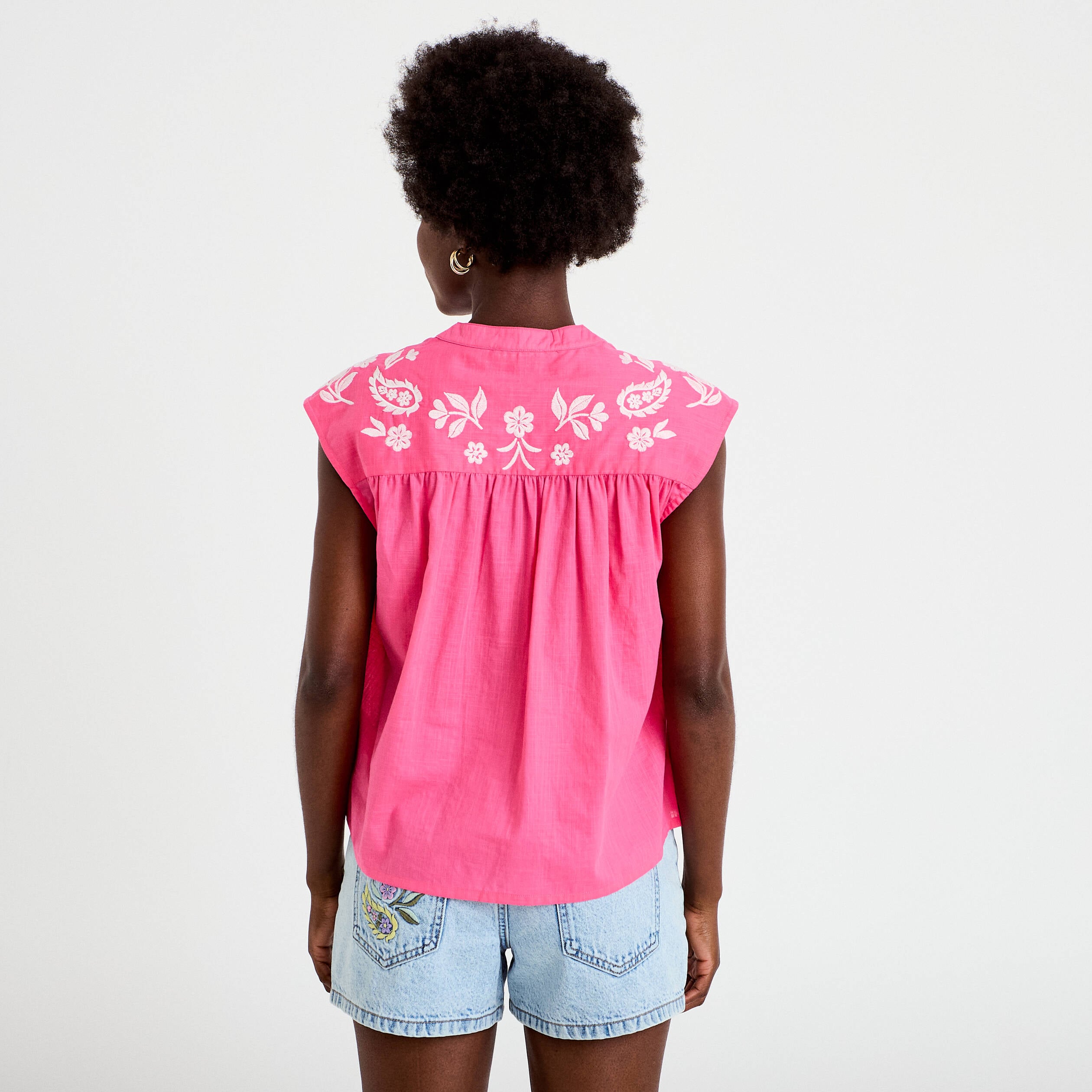 Blouse droite sans manches col v rose fushia femme