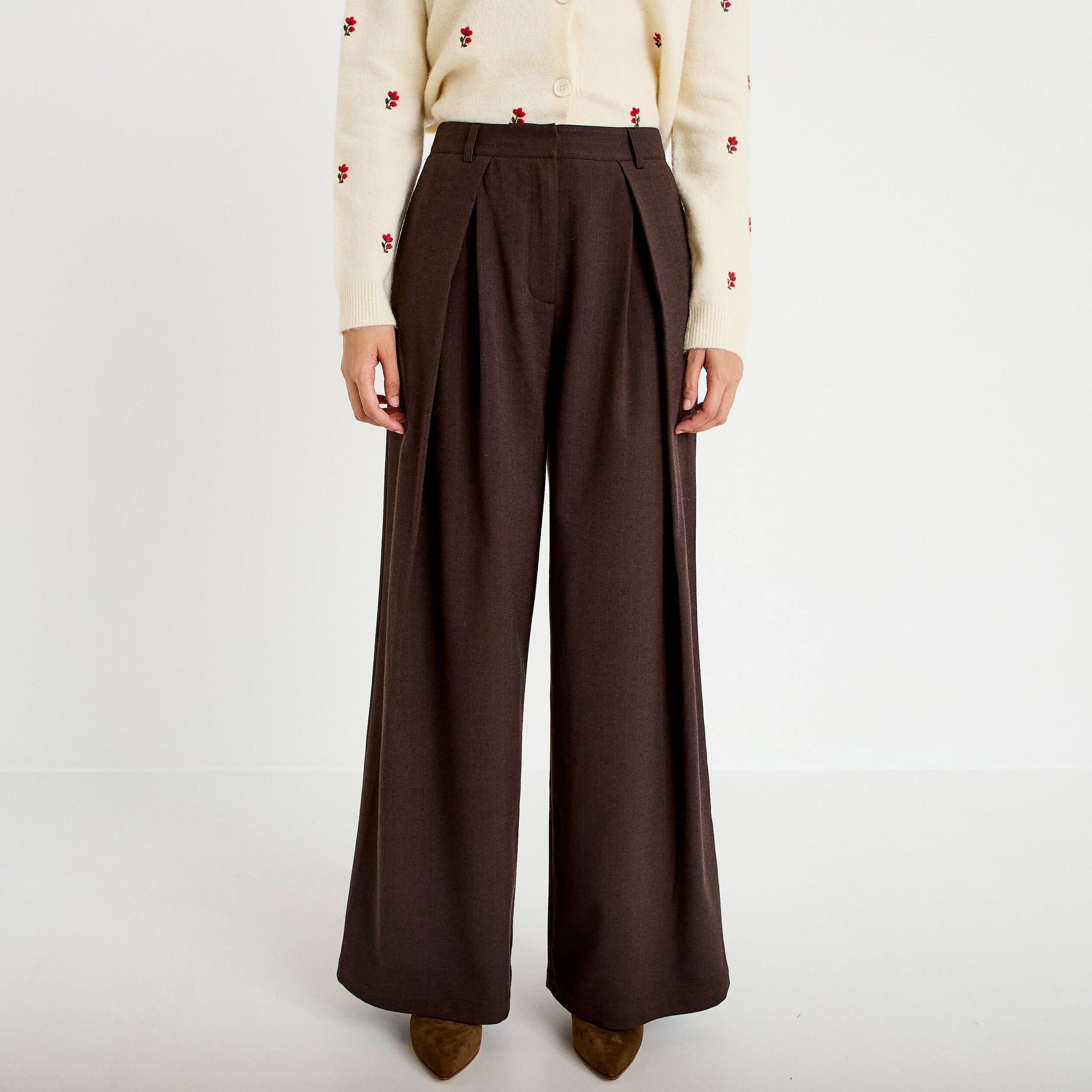 Pantalon bootcut taille haute chin&eacute; marron femme