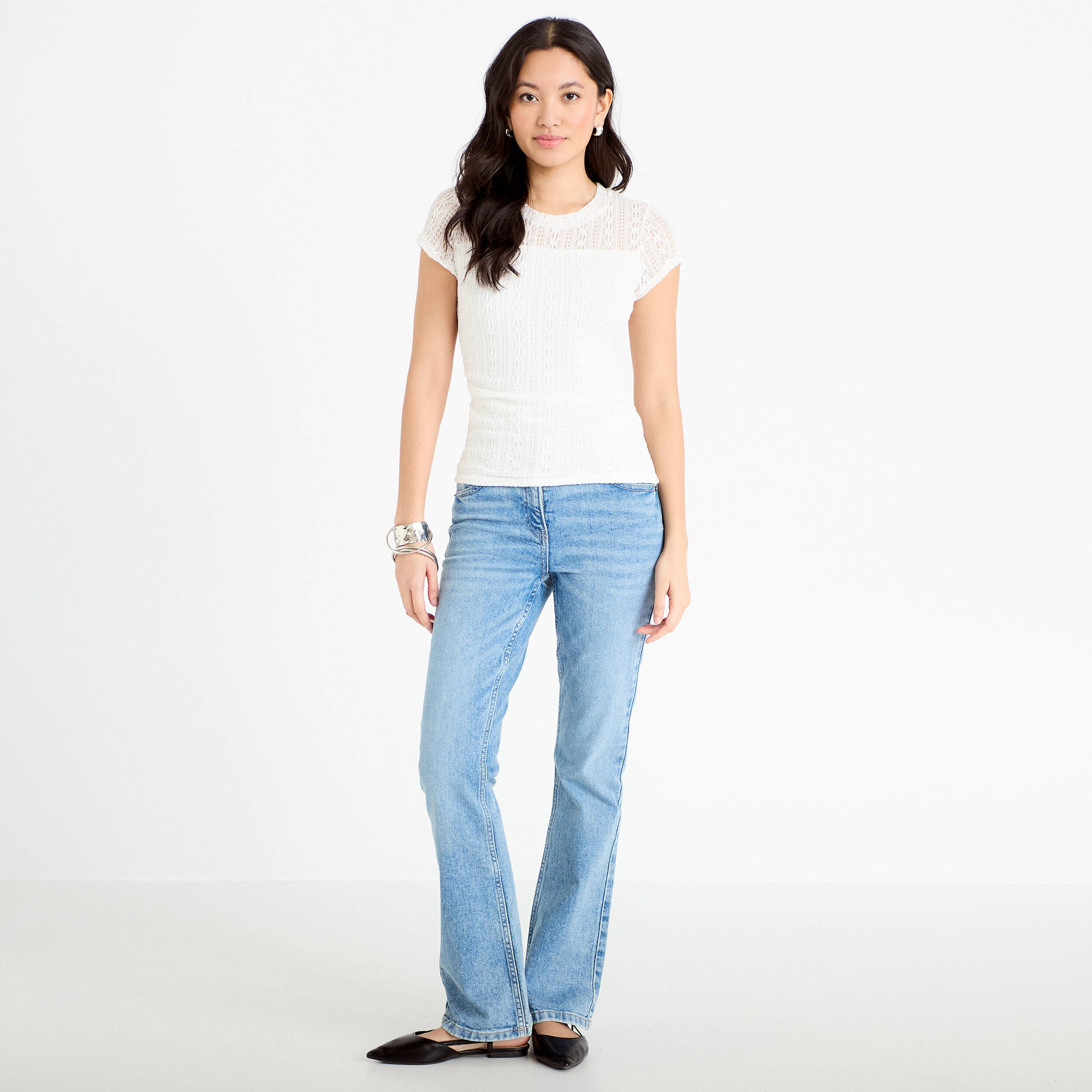 Top en dentelle col rond manches courtes ecru femme
