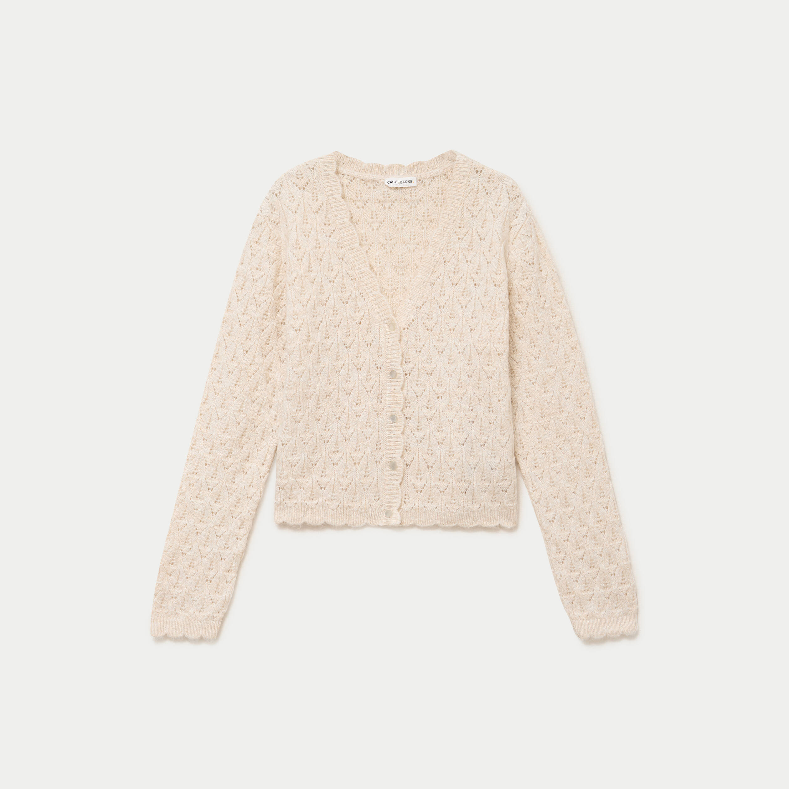 Gilet ajour&eacute; col v manches longues ecru femme