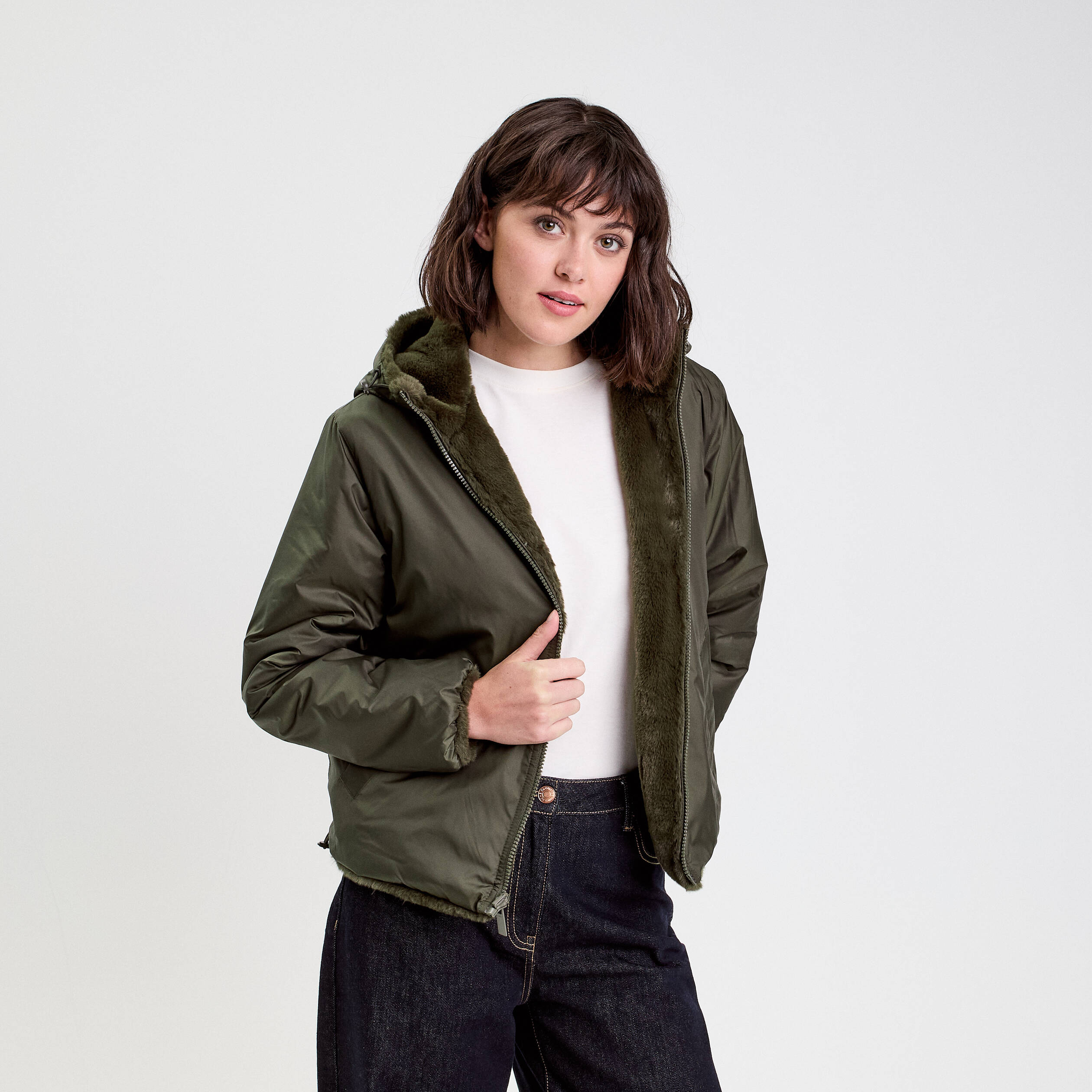 Parka r&eacute;versible &agrave; capuche vert kaki femme