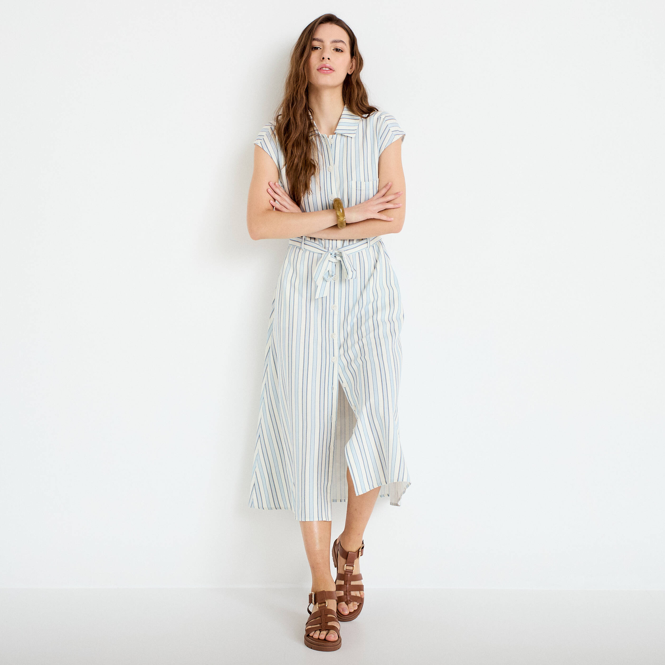 Robe midi &eacute;vas&eacute;e manches tr&egrave;s courtes blanc femme