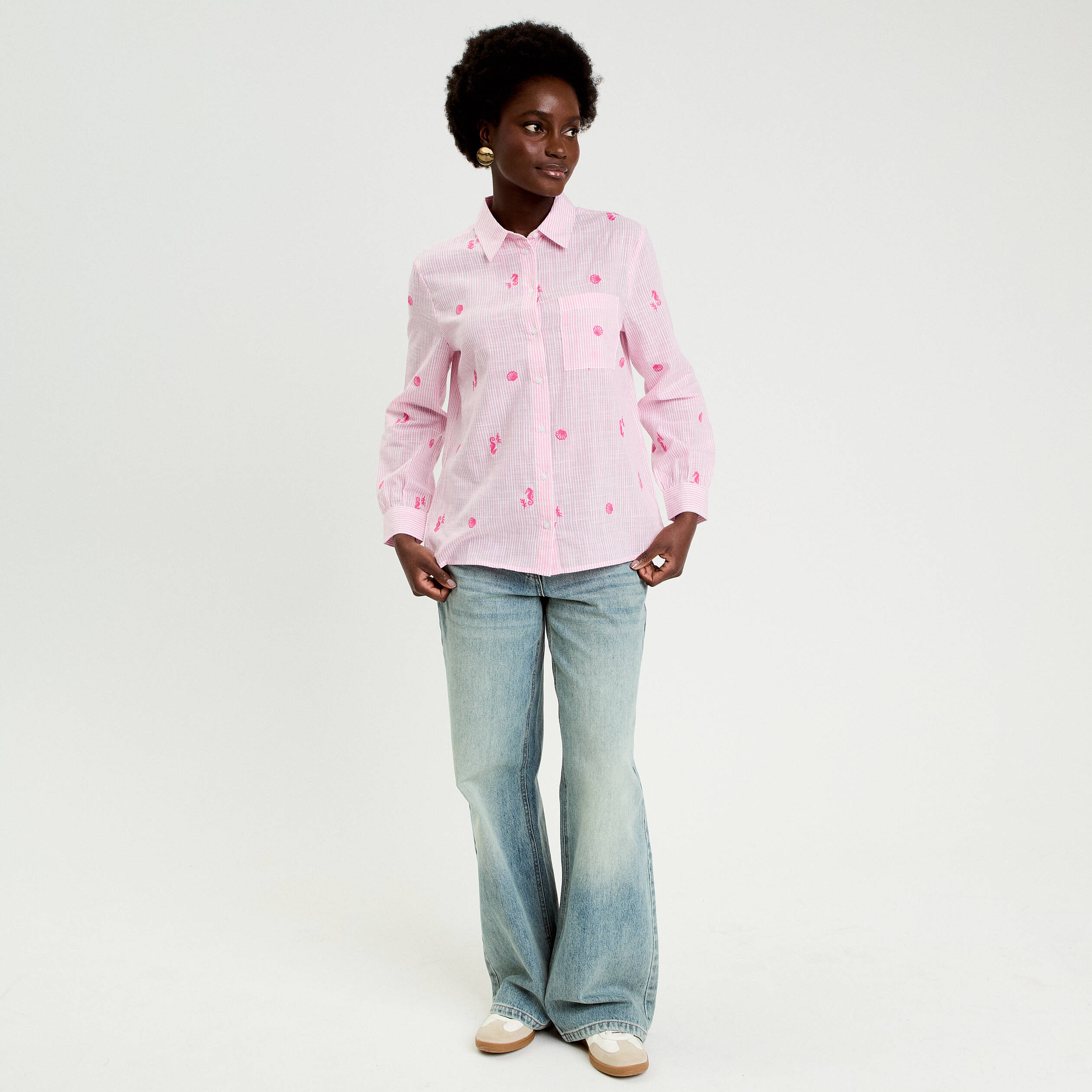 Chemise brod&eacute;e manches longues blanc femme
