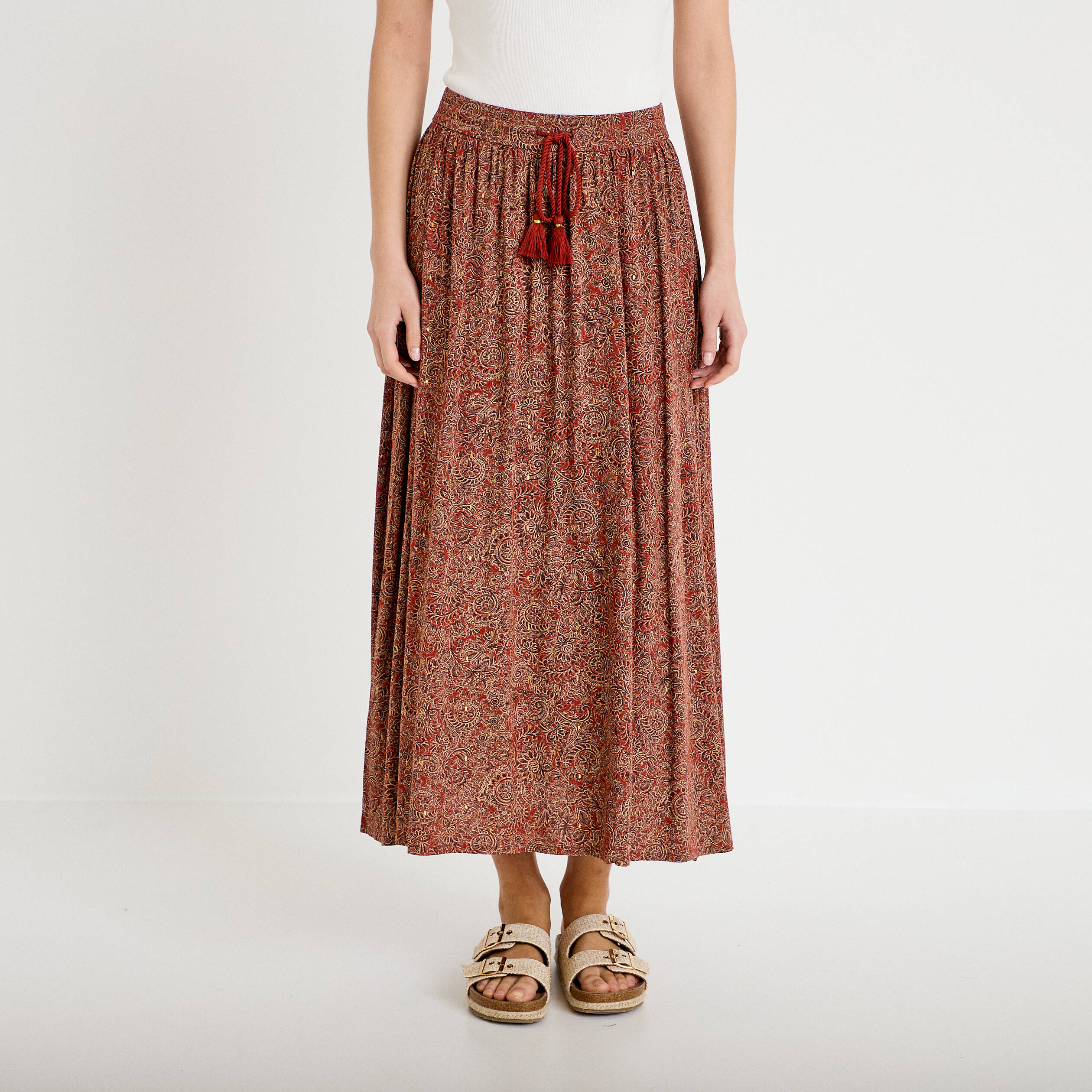 Jupe longue fluide rouge fonc&eacute; femme