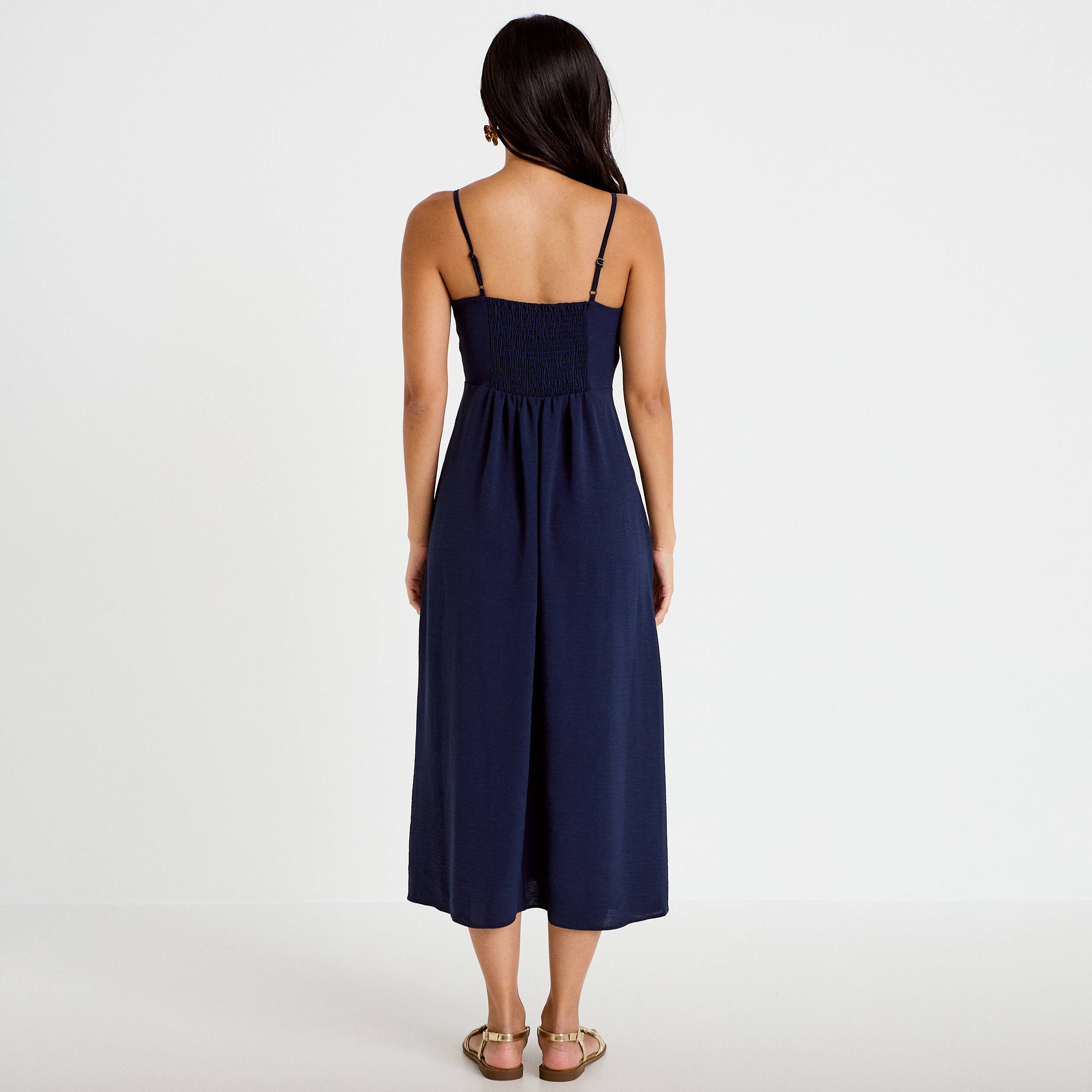 Robe longue &eacute;vas&eacute;e fendue bleu marine femme