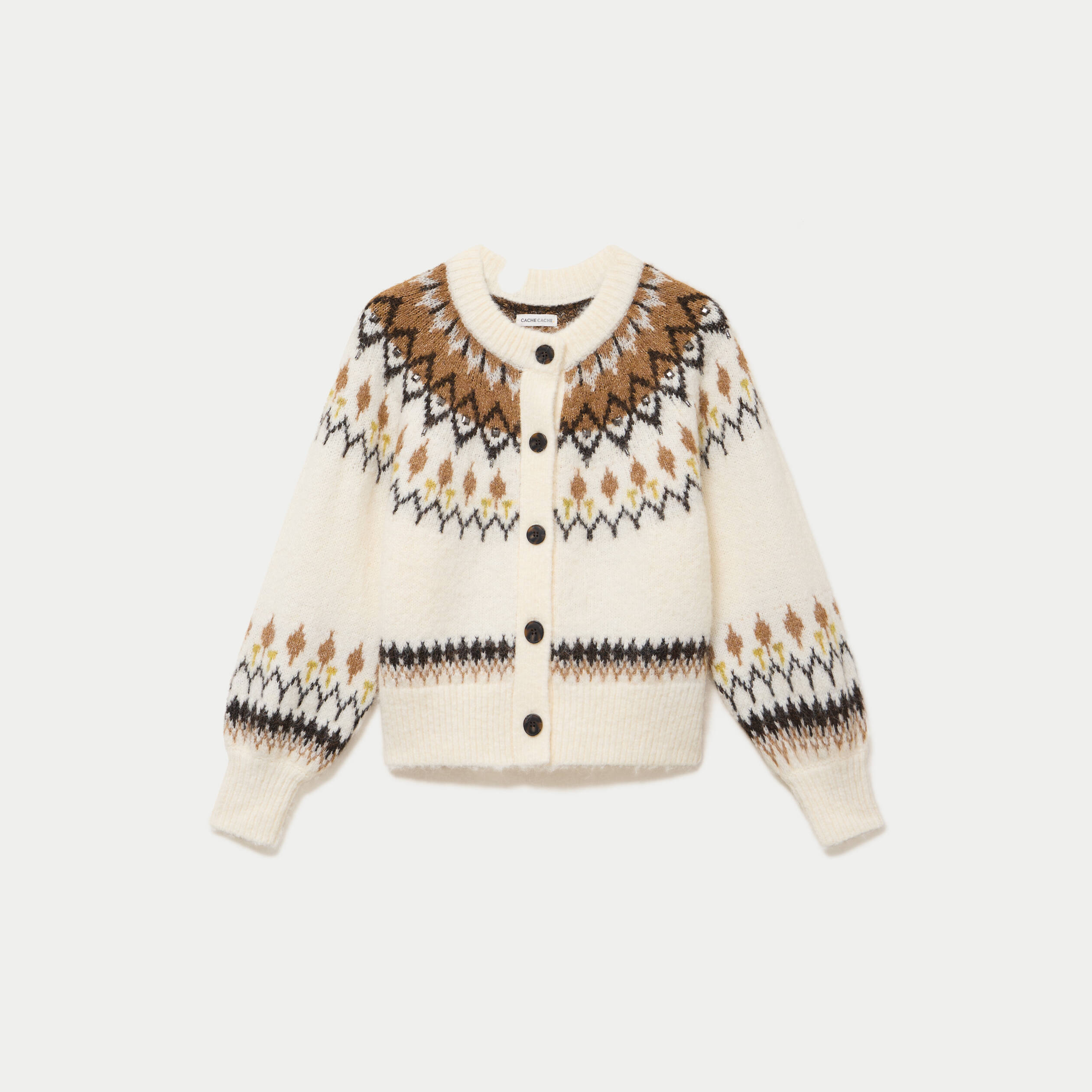 Gilet col rond manches longues ivoire femme