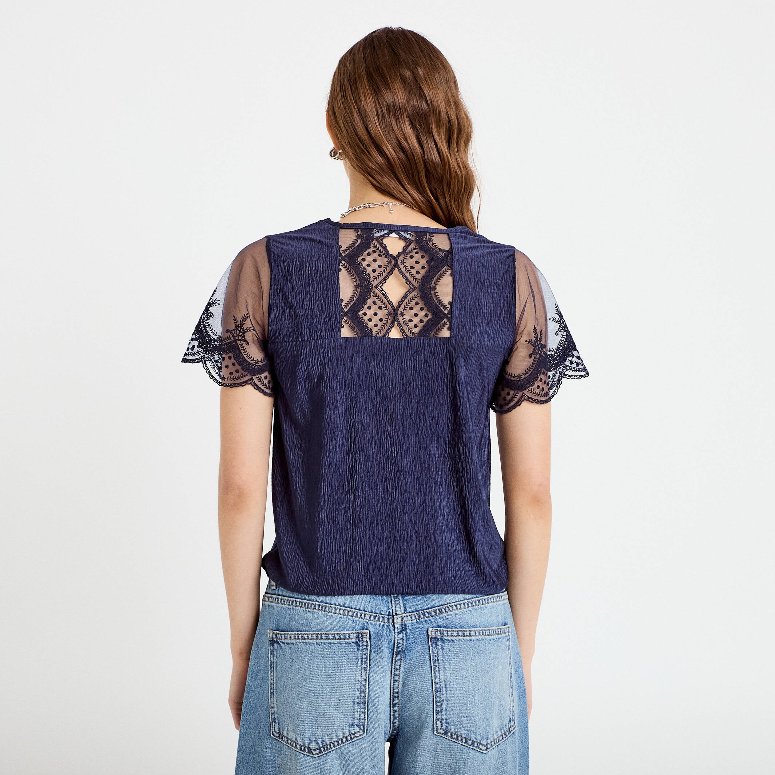 Blouse col v manches courtes dentelle bleu marine femme