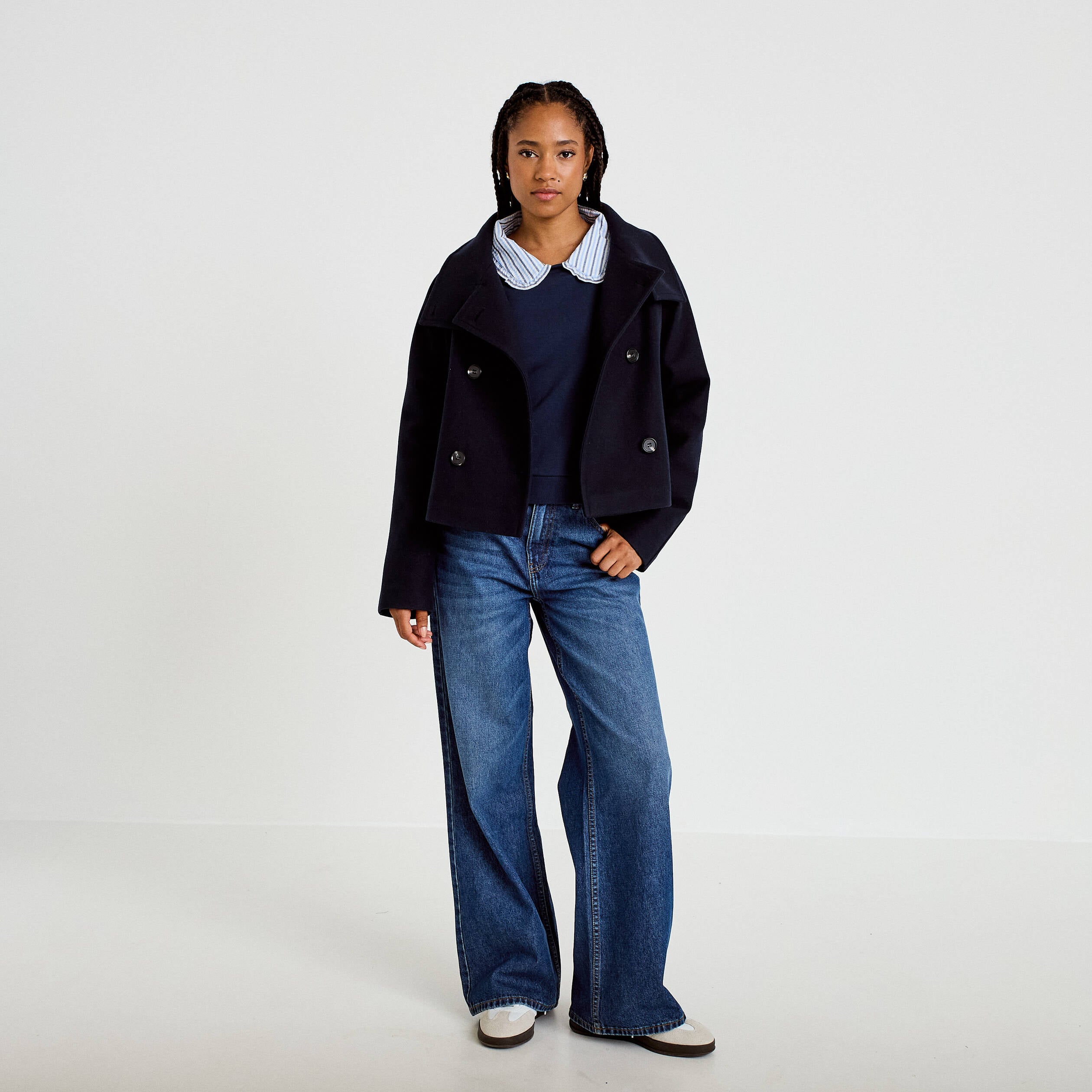 Veste chin&eacute;e col montant manches longues bleu marine femme