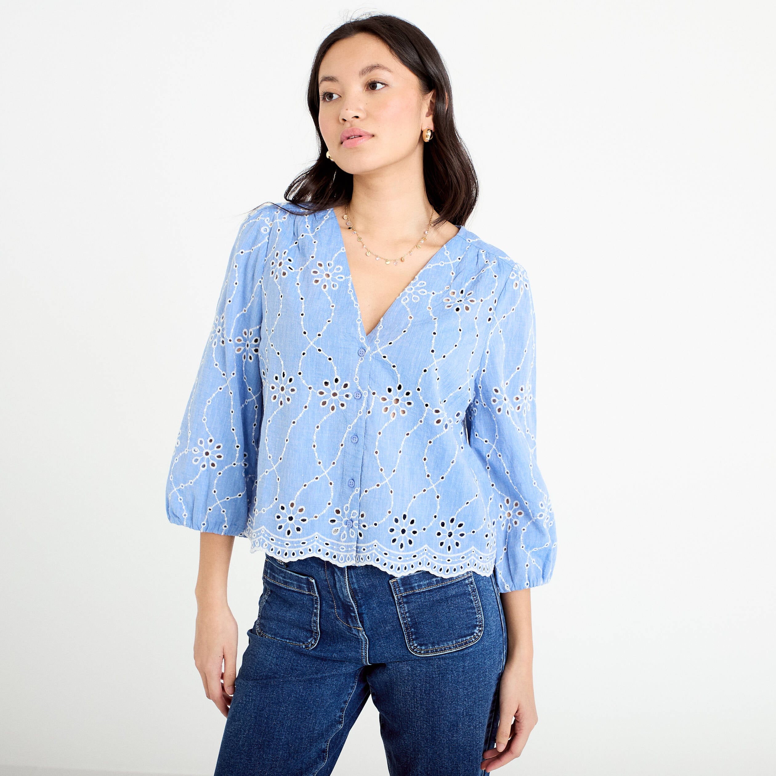 Blouse broderie anglaise bleu gris femme