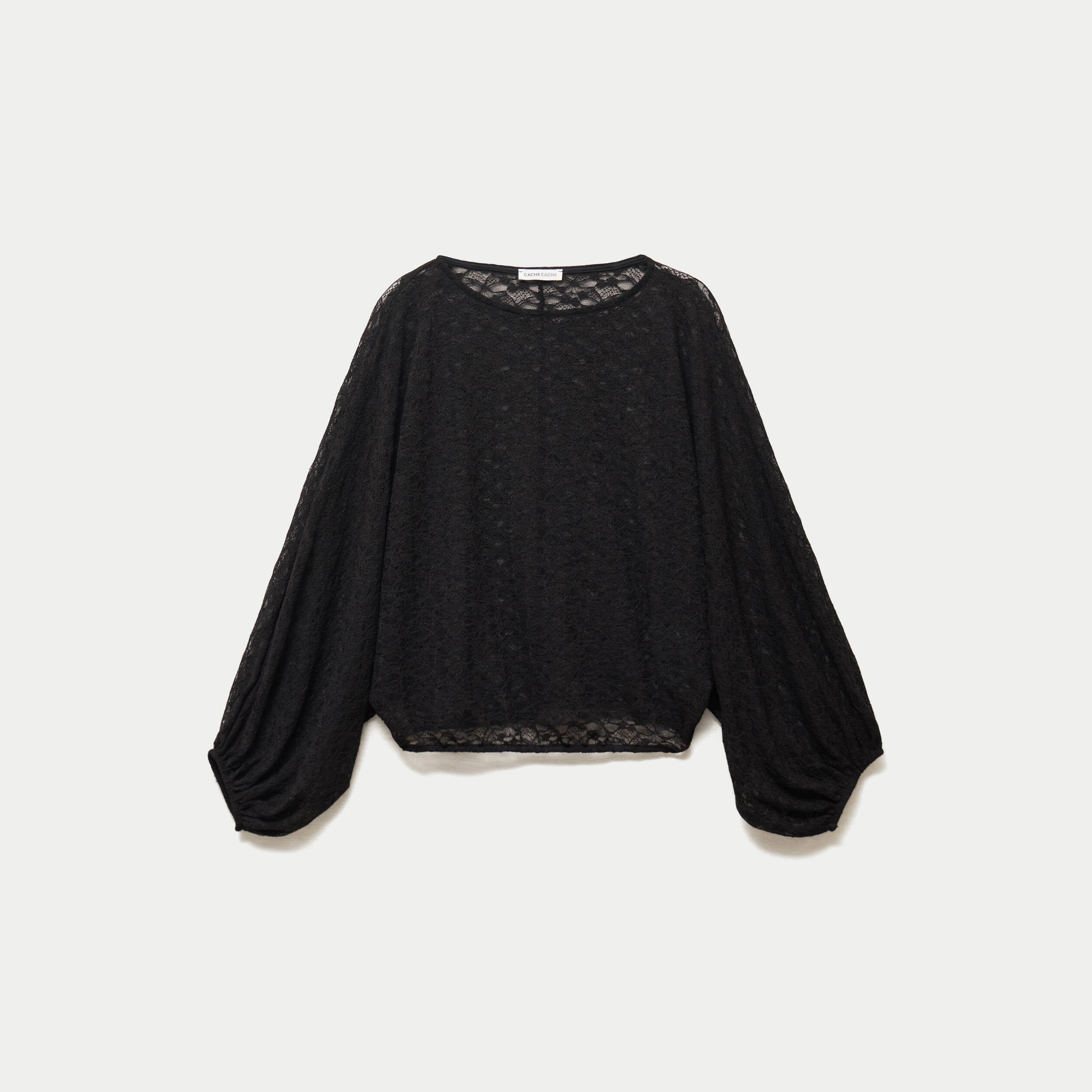 Blouse dentelle col rond manches longues noir femme