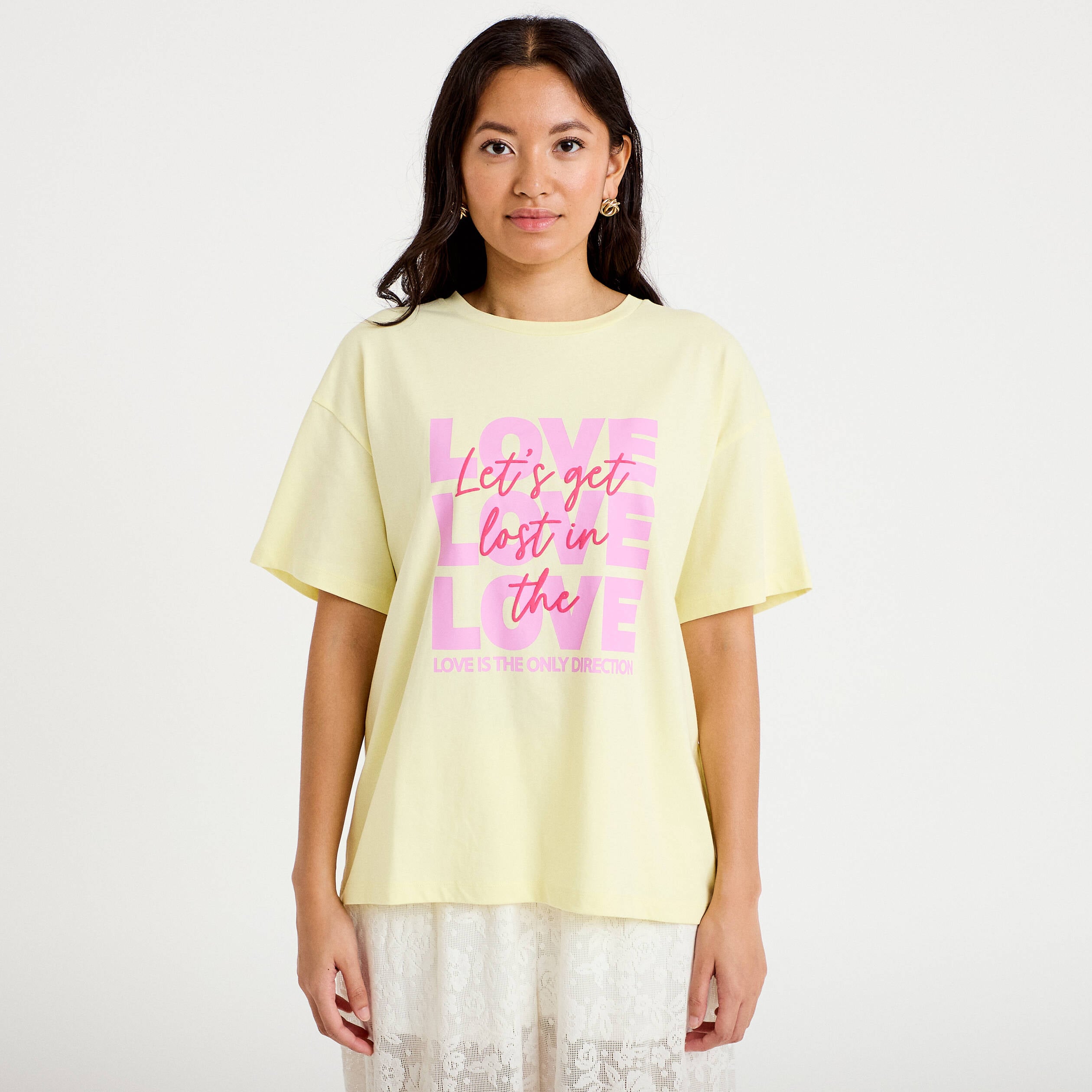 T-shirt boyfriend manches courtes jaune clair femme