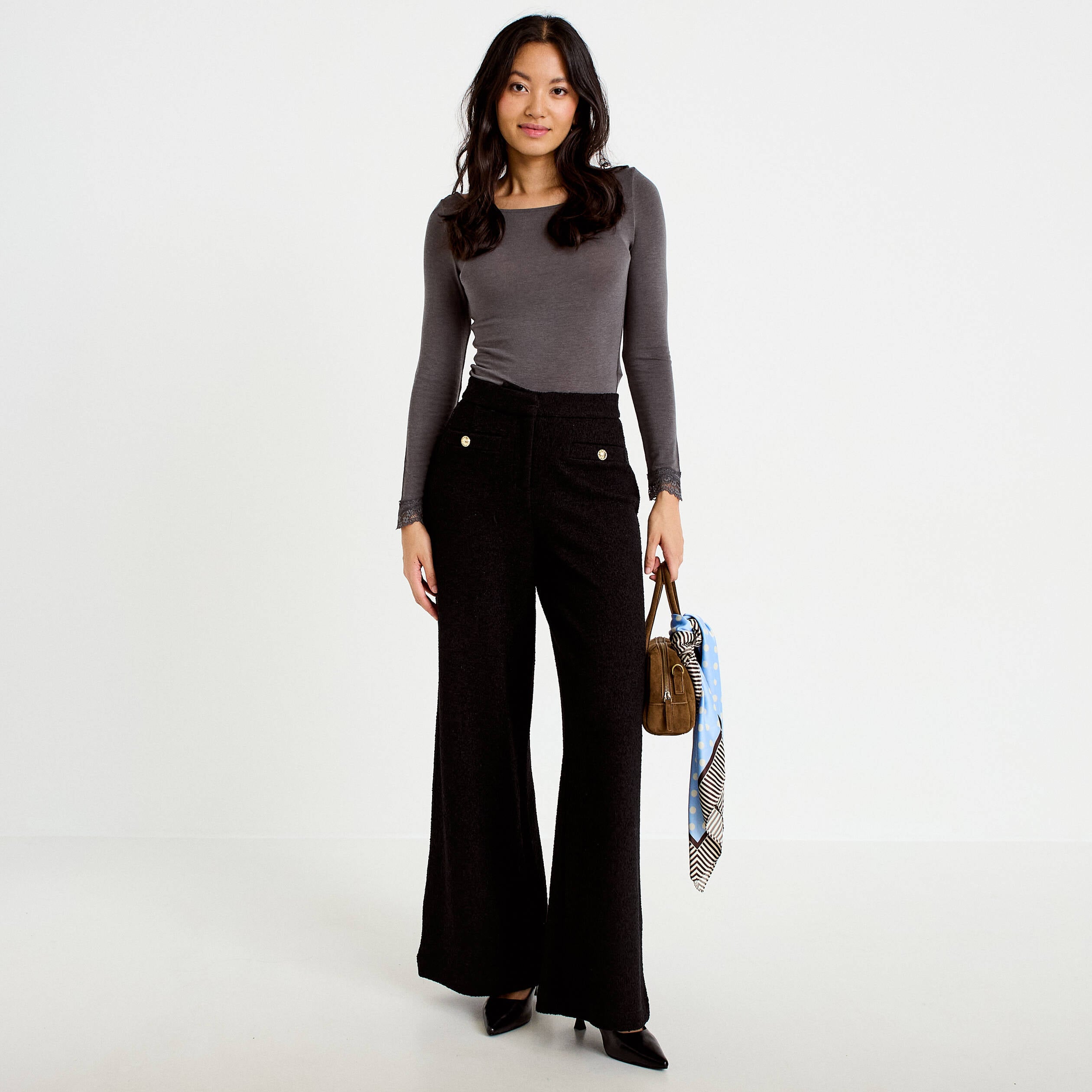 Pantalon bootcut en tweed noir femme