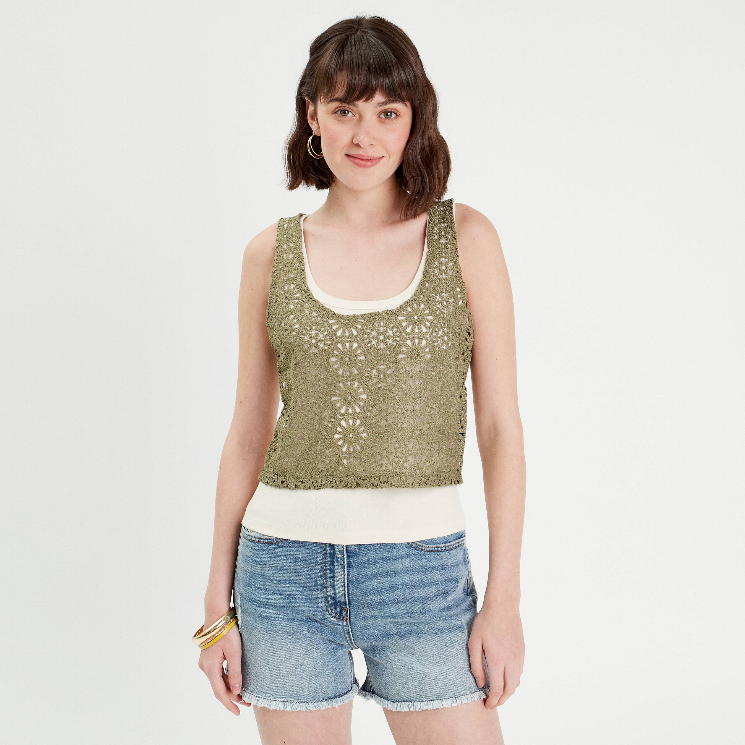 D&eacute;bardeur 2-en-1 crochet vert kaki femme
