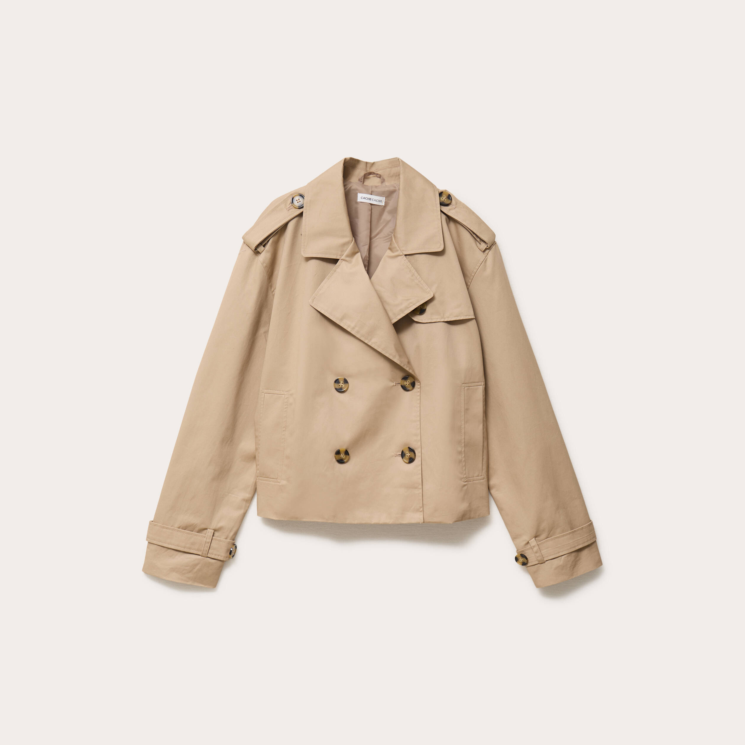 Trench droit court col tailleur sable femme
