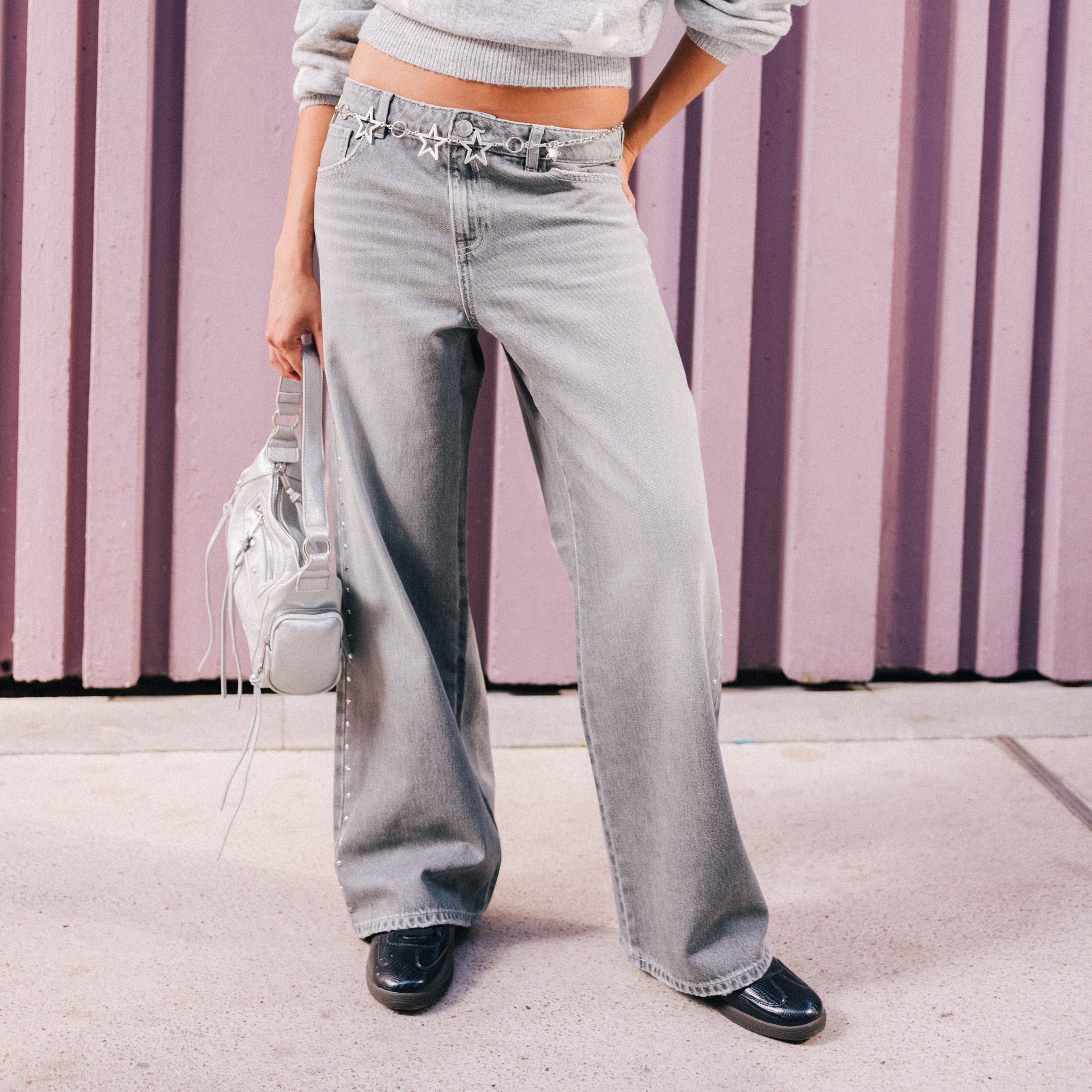 Jean wide leg taille basse denim gris clair femme