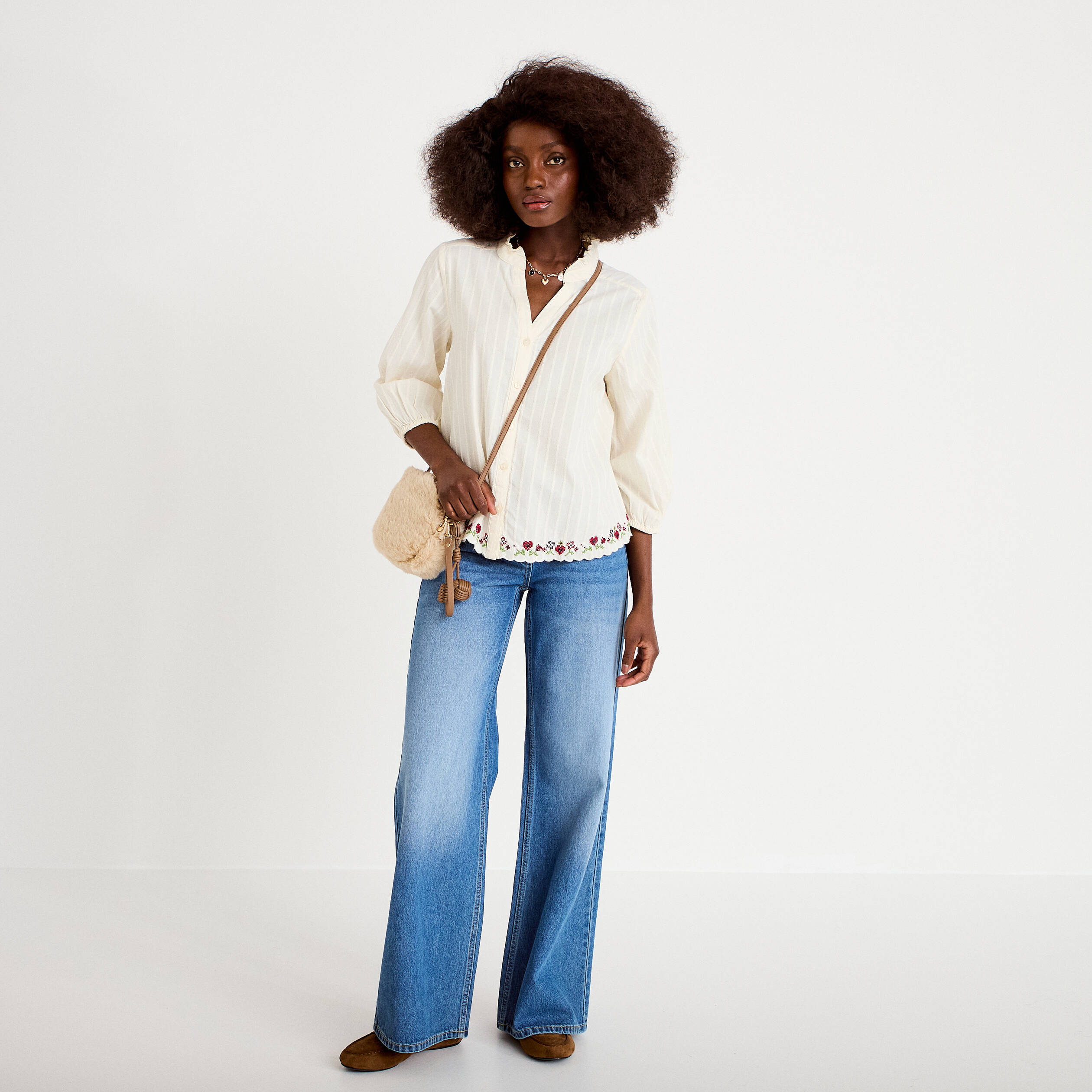 Jean wide leg taille basse broderie denim stone femme