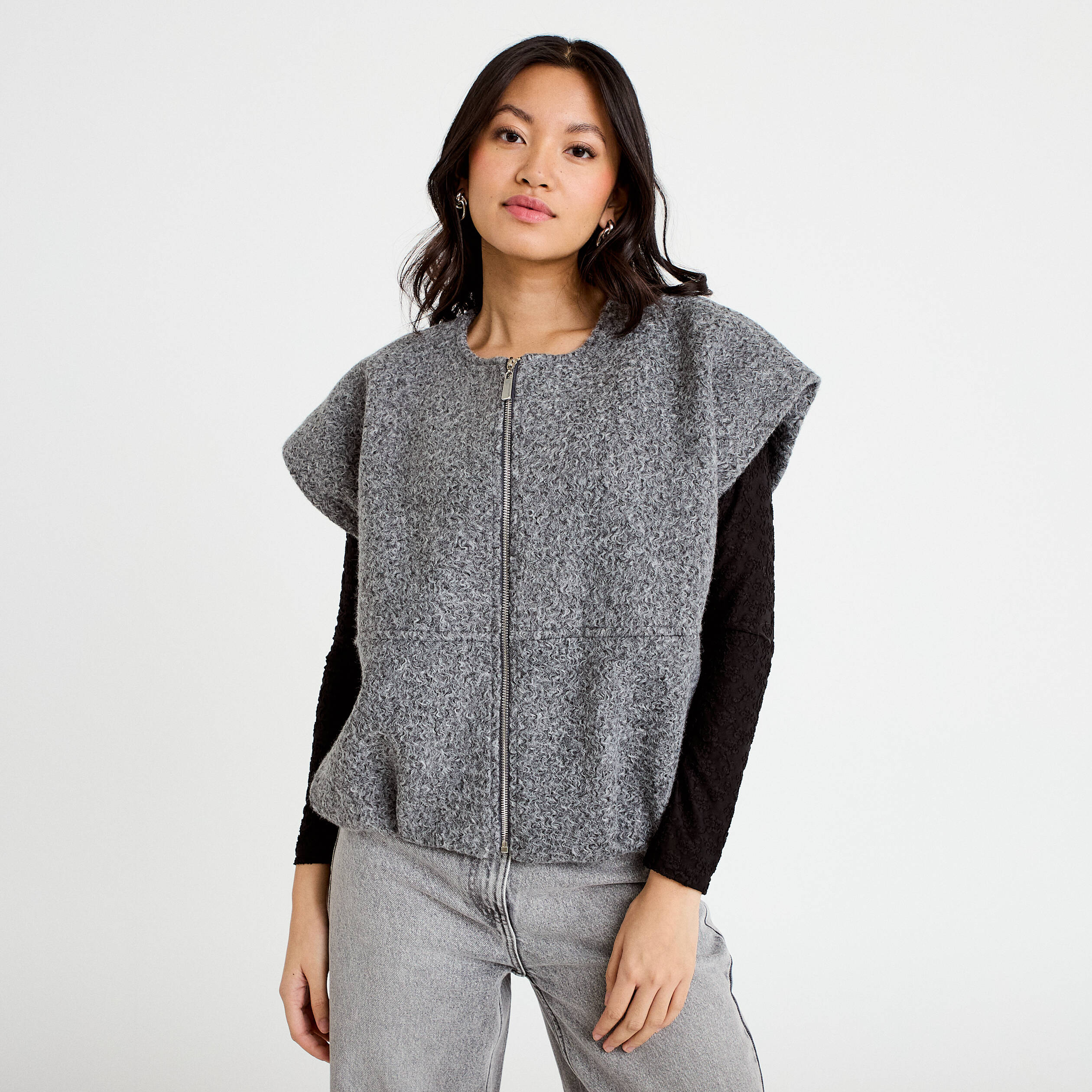 Veste oversize sans manches col rond gris clair femme