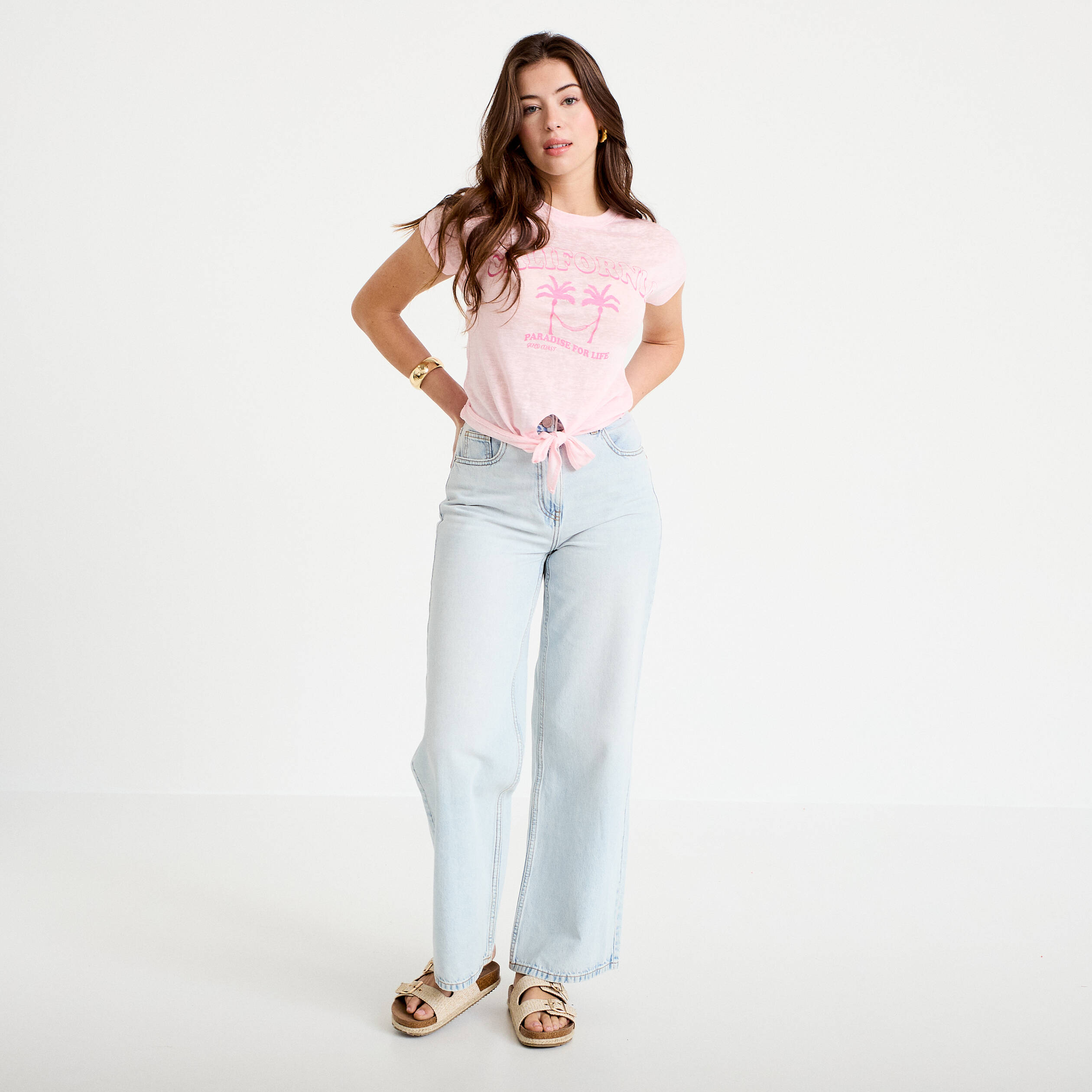 T-shirt droit cropped manches courtes rose clair femme