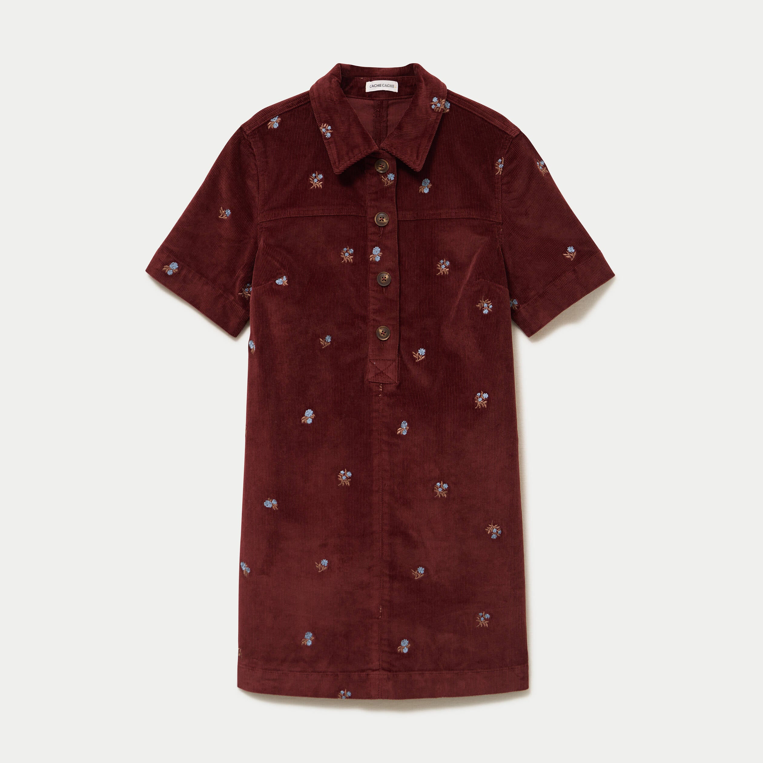 Robe droite courte en velours brod&eacute; marron femme