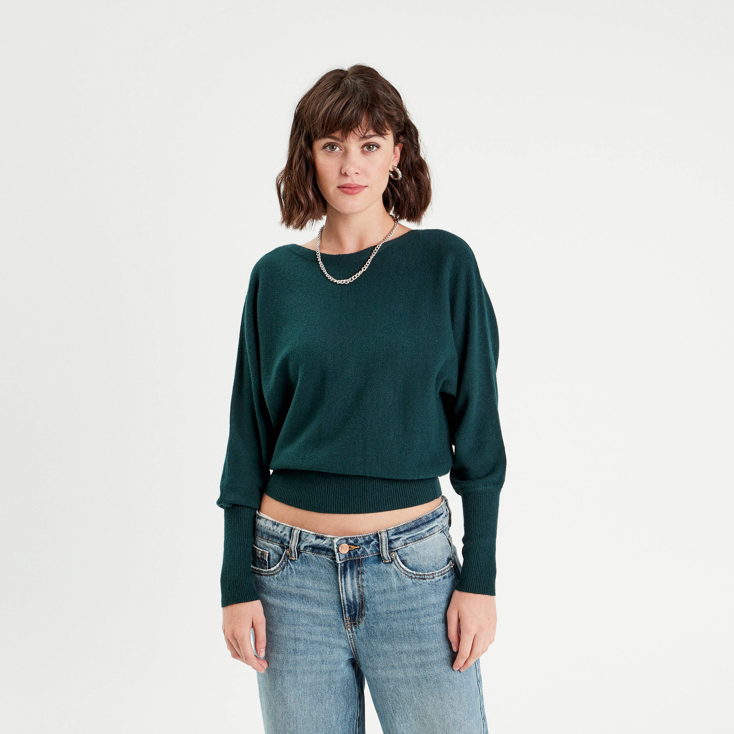 Pull manches chauves-souris vert fonc&eacute; femme