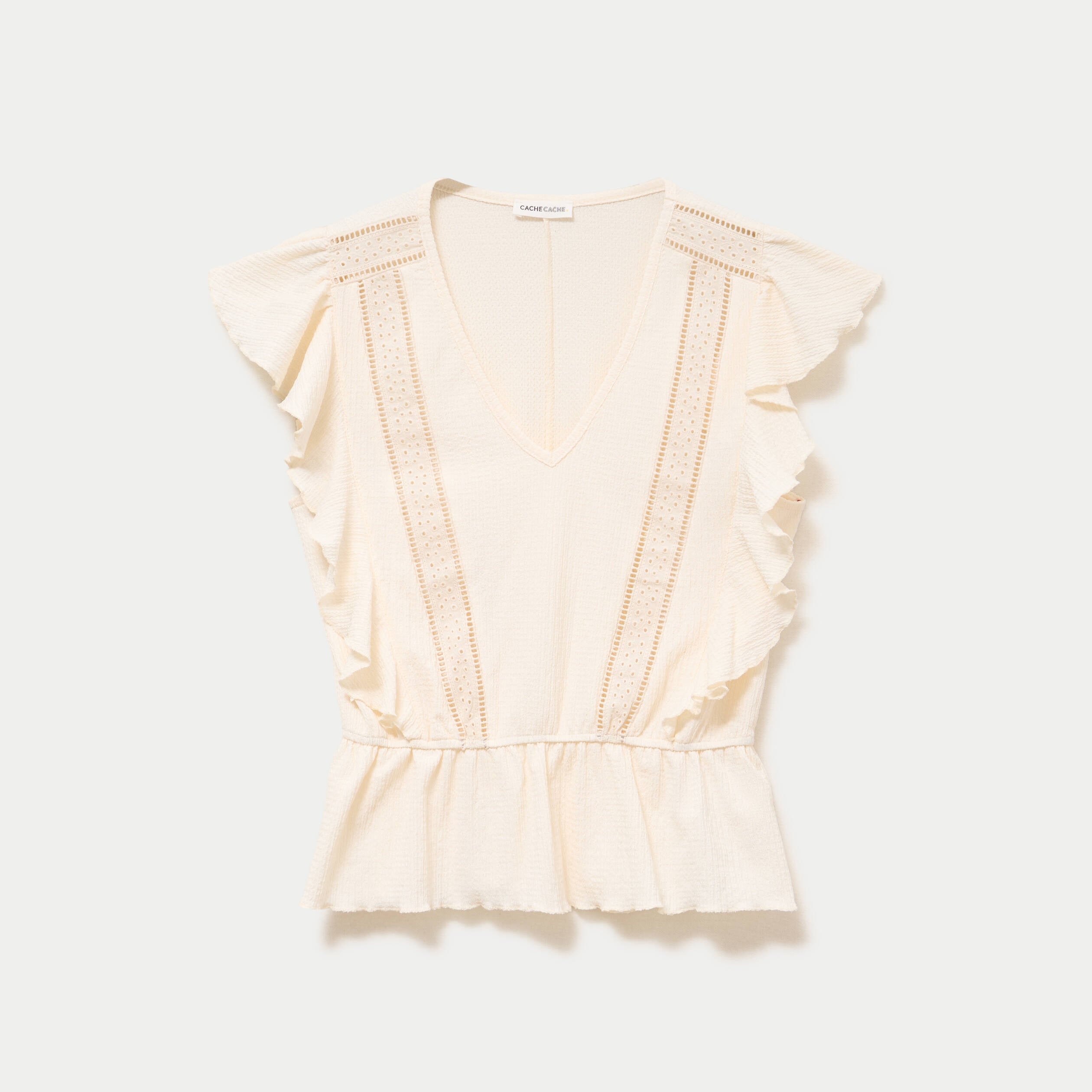 Blouse col rond manches courtes dentelle ecru femme