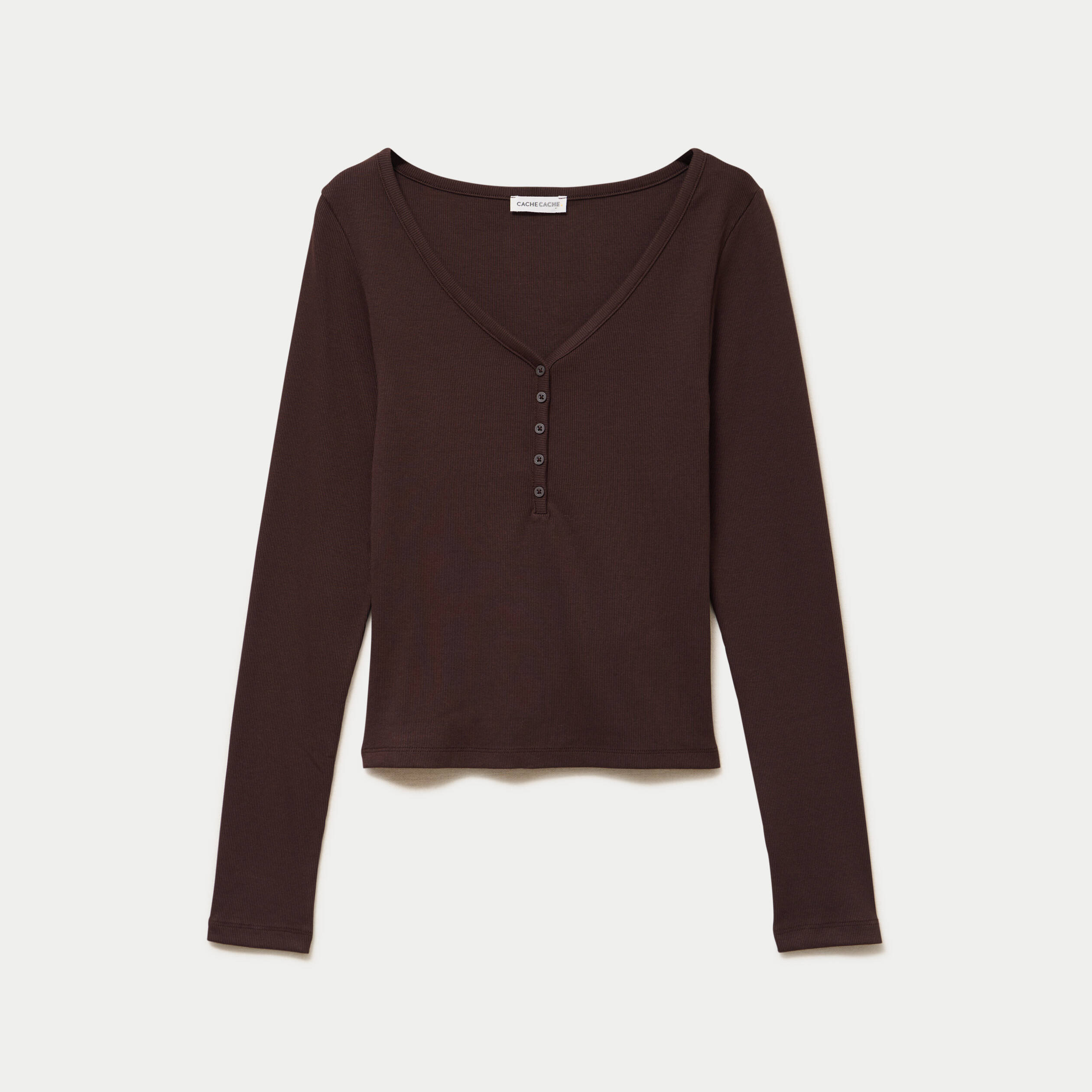 T-shirt c&ocirc;tel&eacute; ajust&eacute; manches longues marron fonc&eacute; femme