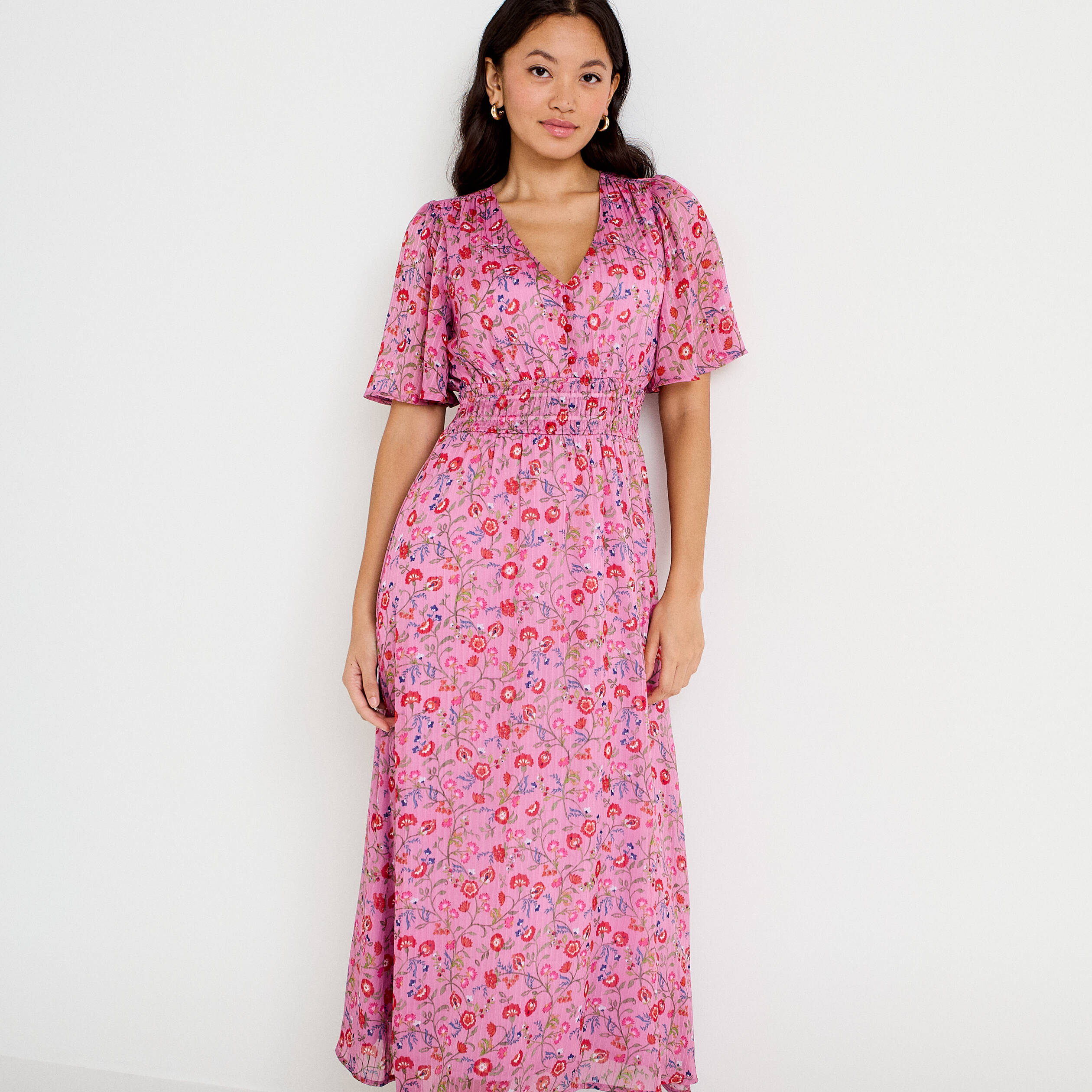 Robe longue &eacute;vas&eacute;e voile manches courtes rose femme