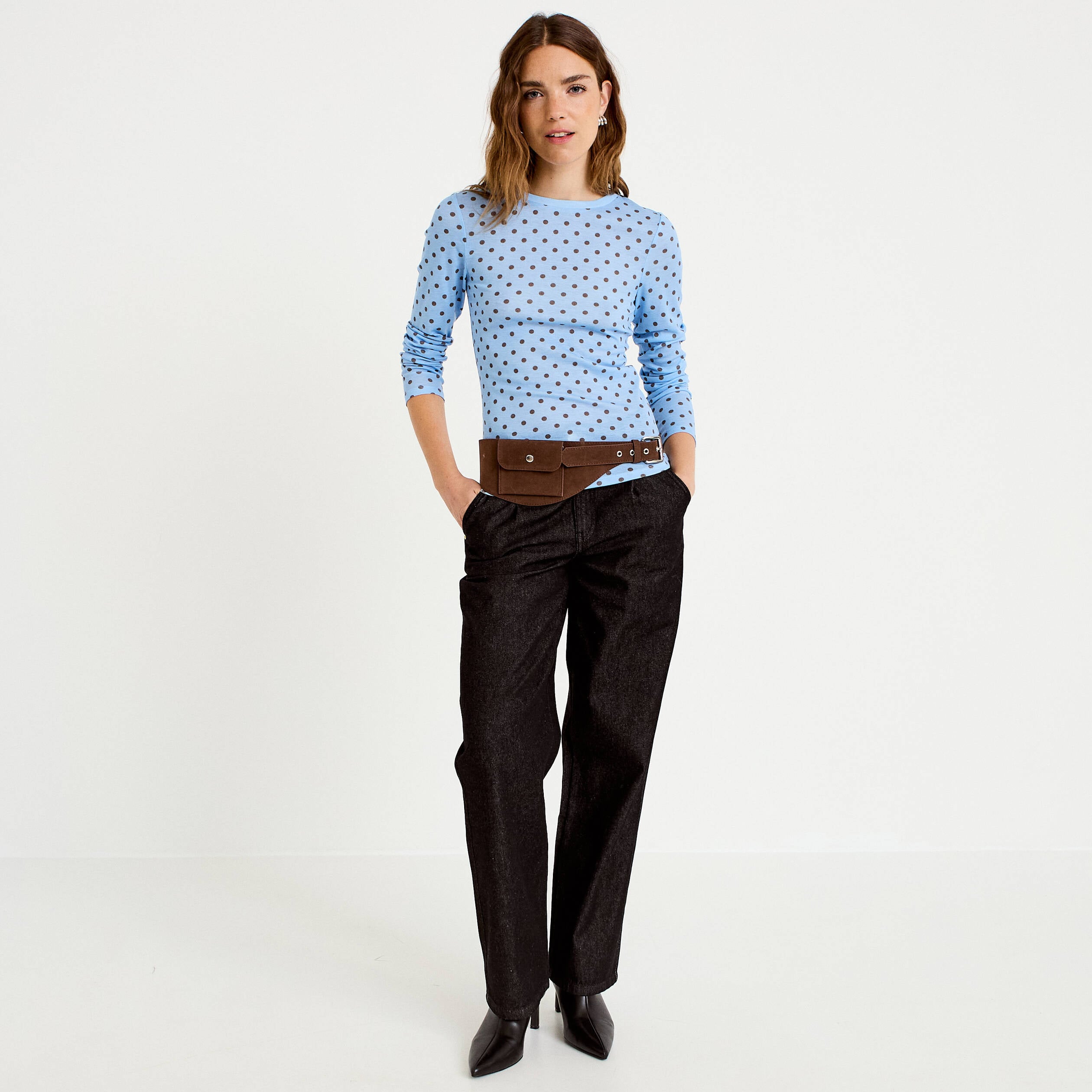 T-shirt ajust&eacute; col rond manches longues bleu ciel femme