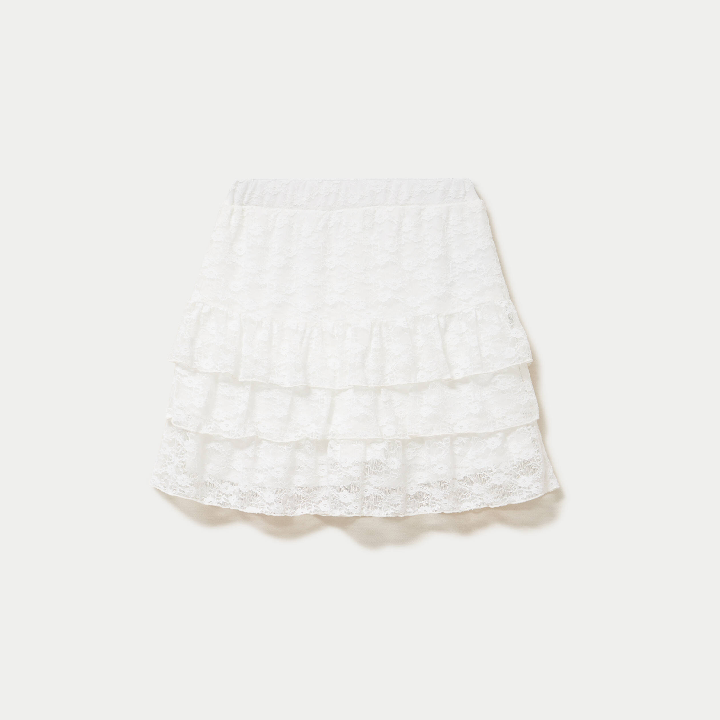 Jupe courte trap&egrave;ze en dentelle ecru femme