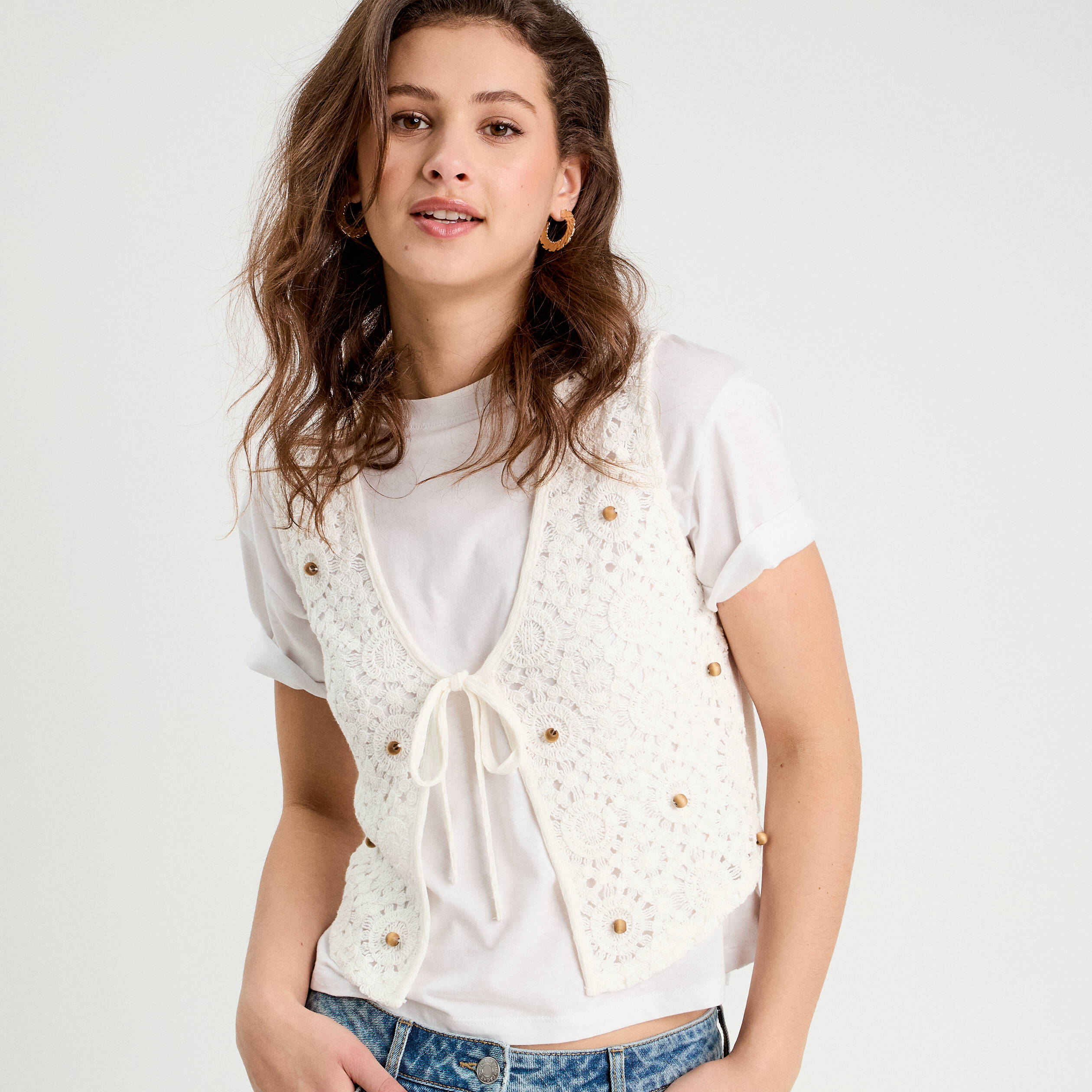 Gilet nou&eacute; effet crochet ecru femme