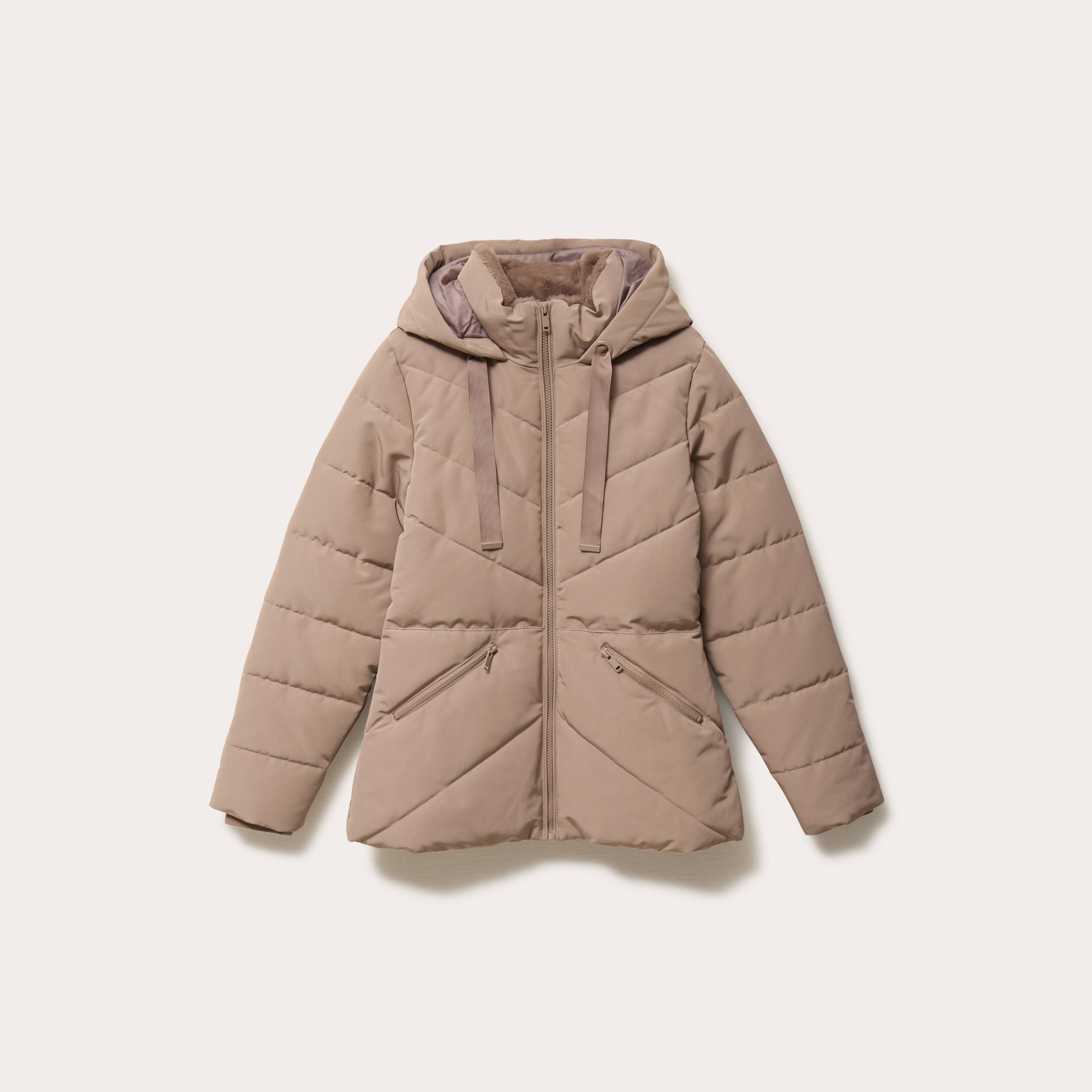 Doudoune cintr&eacute;e &agrave; capuche taupe femme