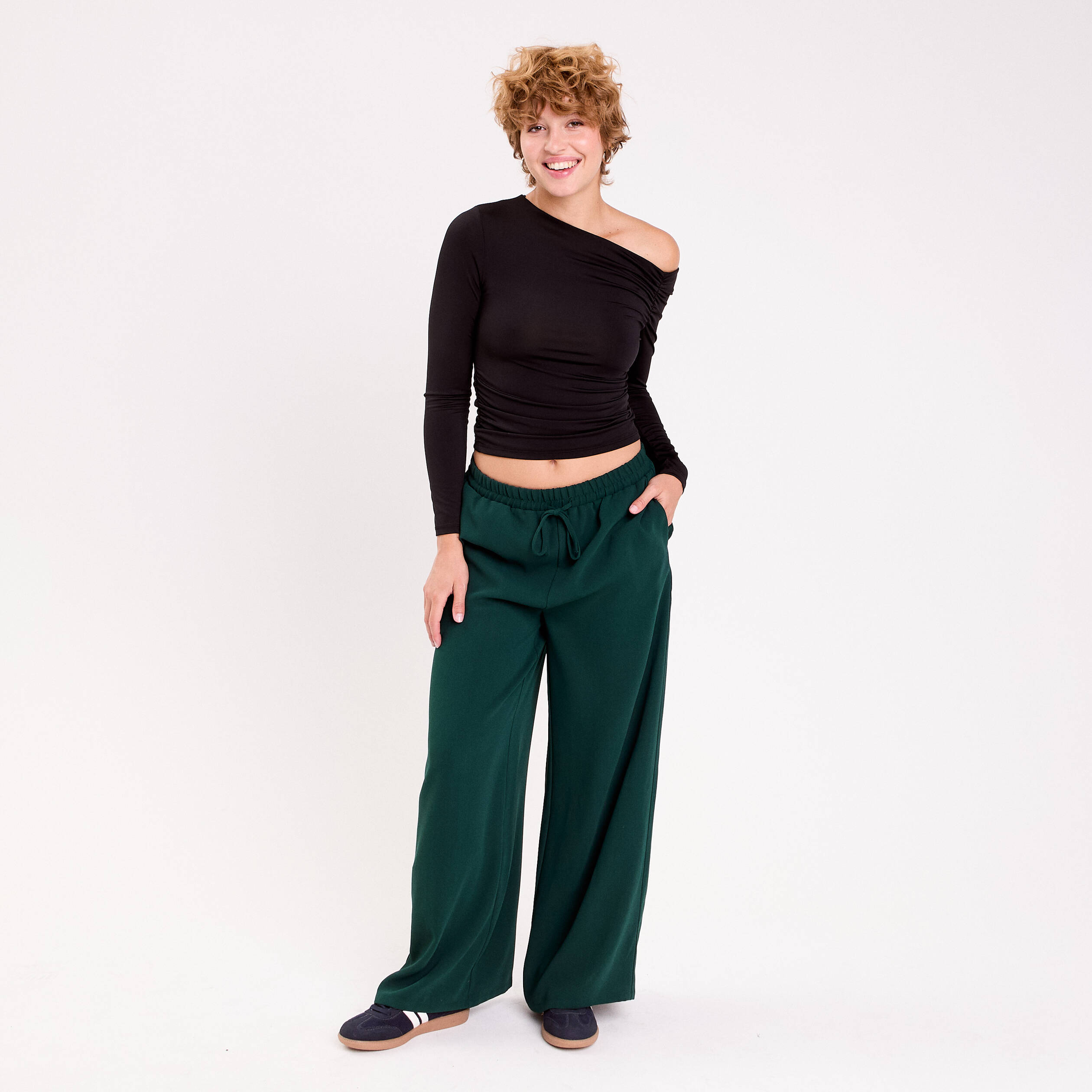 Pantalon large vert fonc&eacute; femme