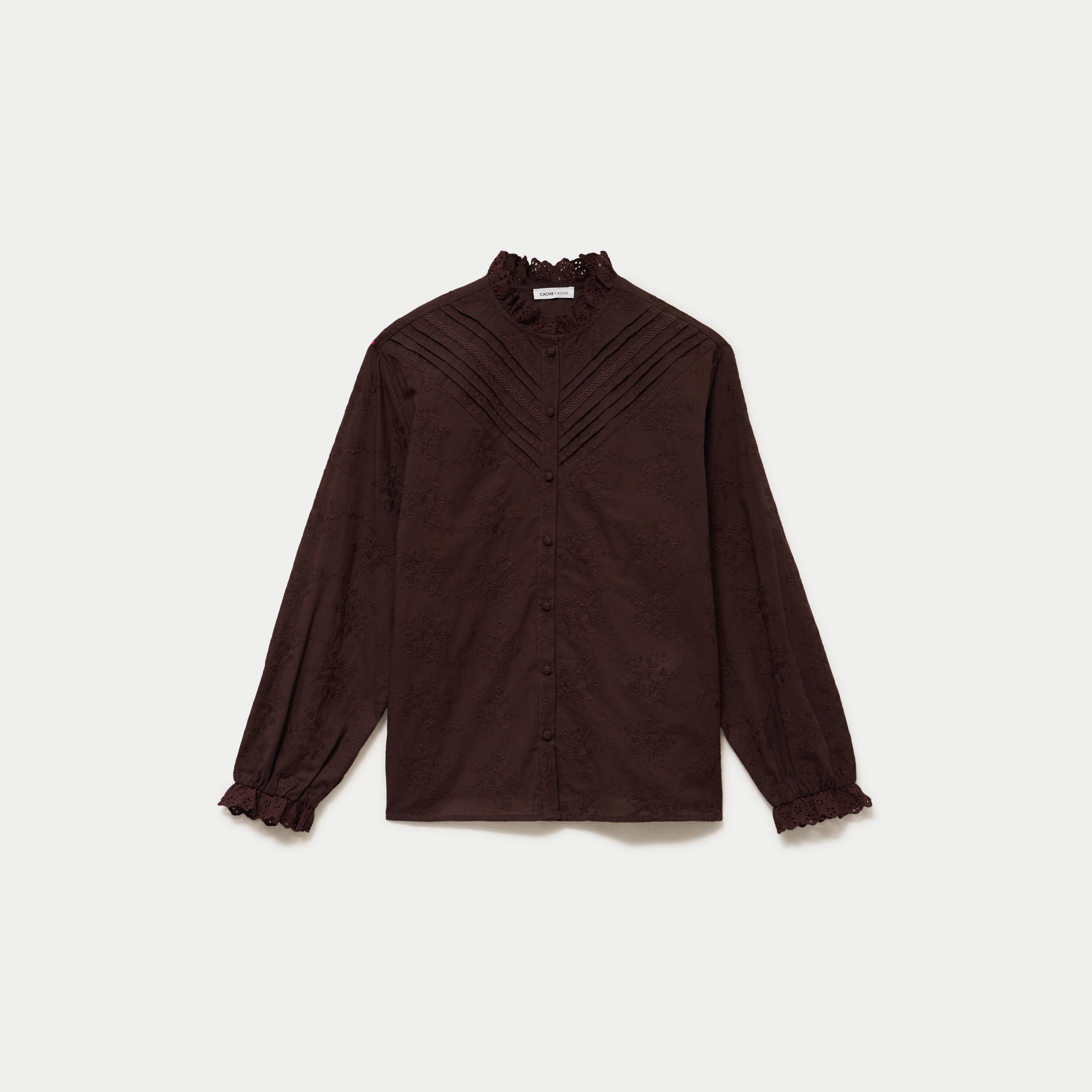 Blouse ample col montant manches longues marron fonc&eacute; femme