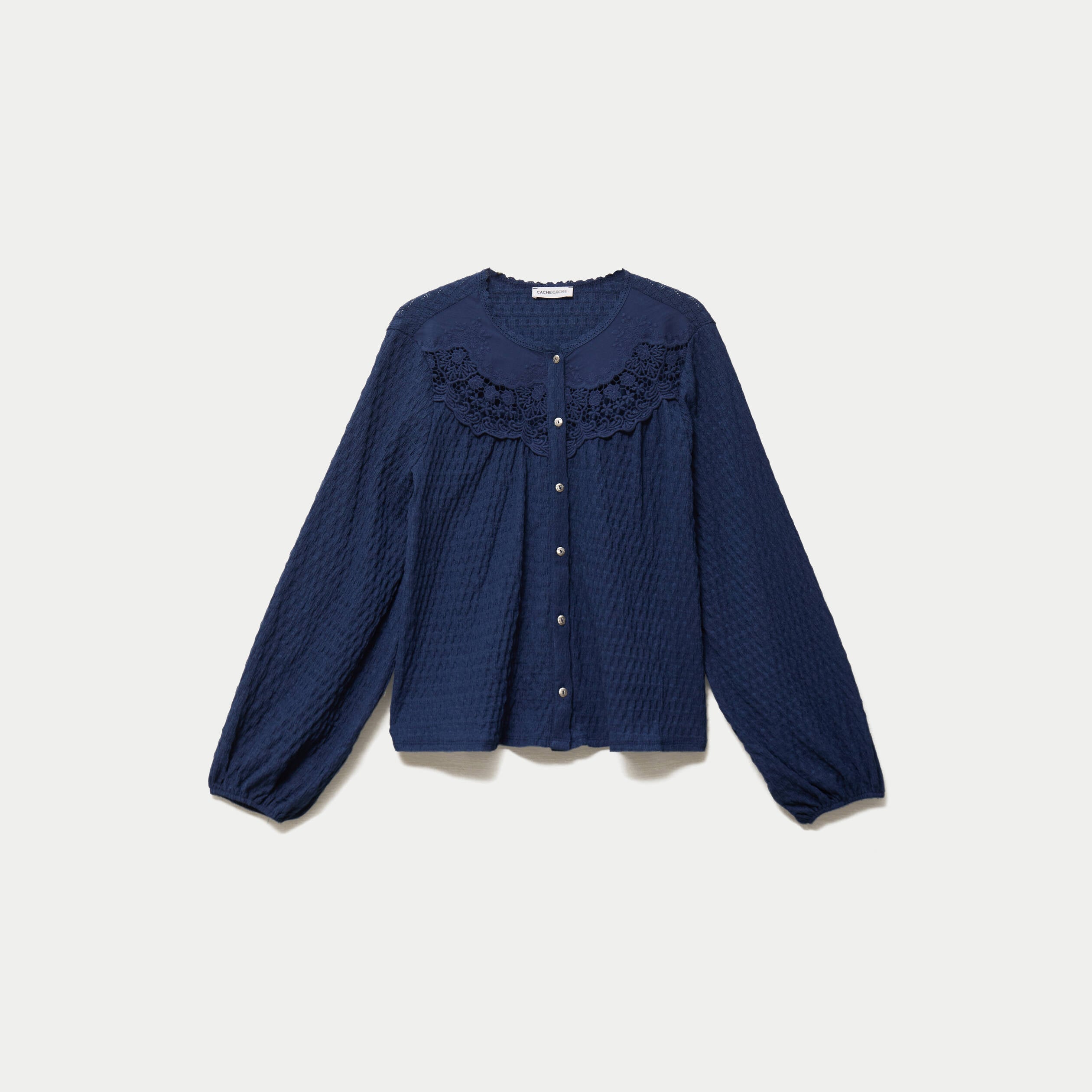Blouse col rond manches longues bleu fonc&eacute; femme