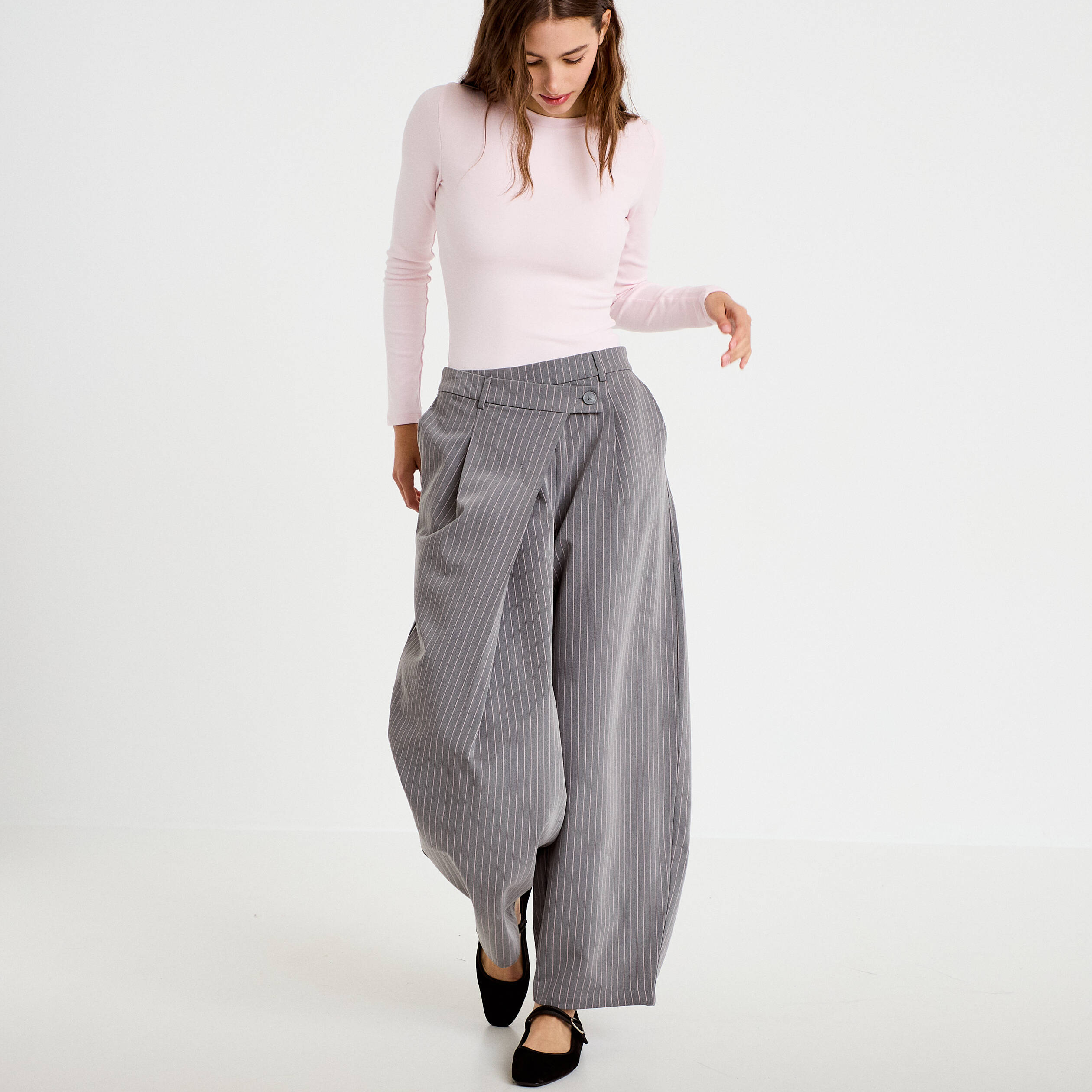 Pantalon barrel taille basse gris femme